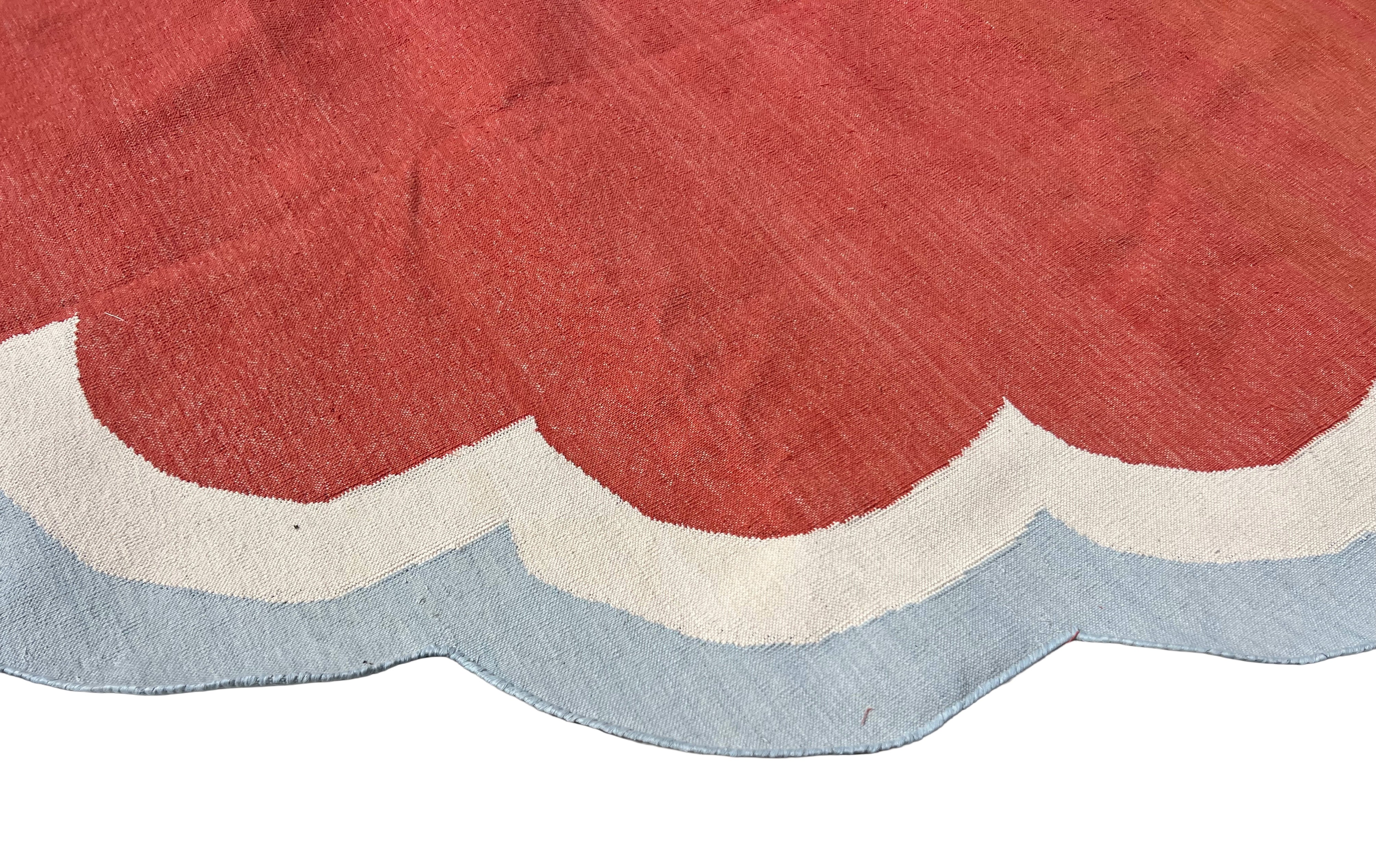 Handmade Cotton Terracotta, Cream And Sky Blue Round Scalloped Rug -9669