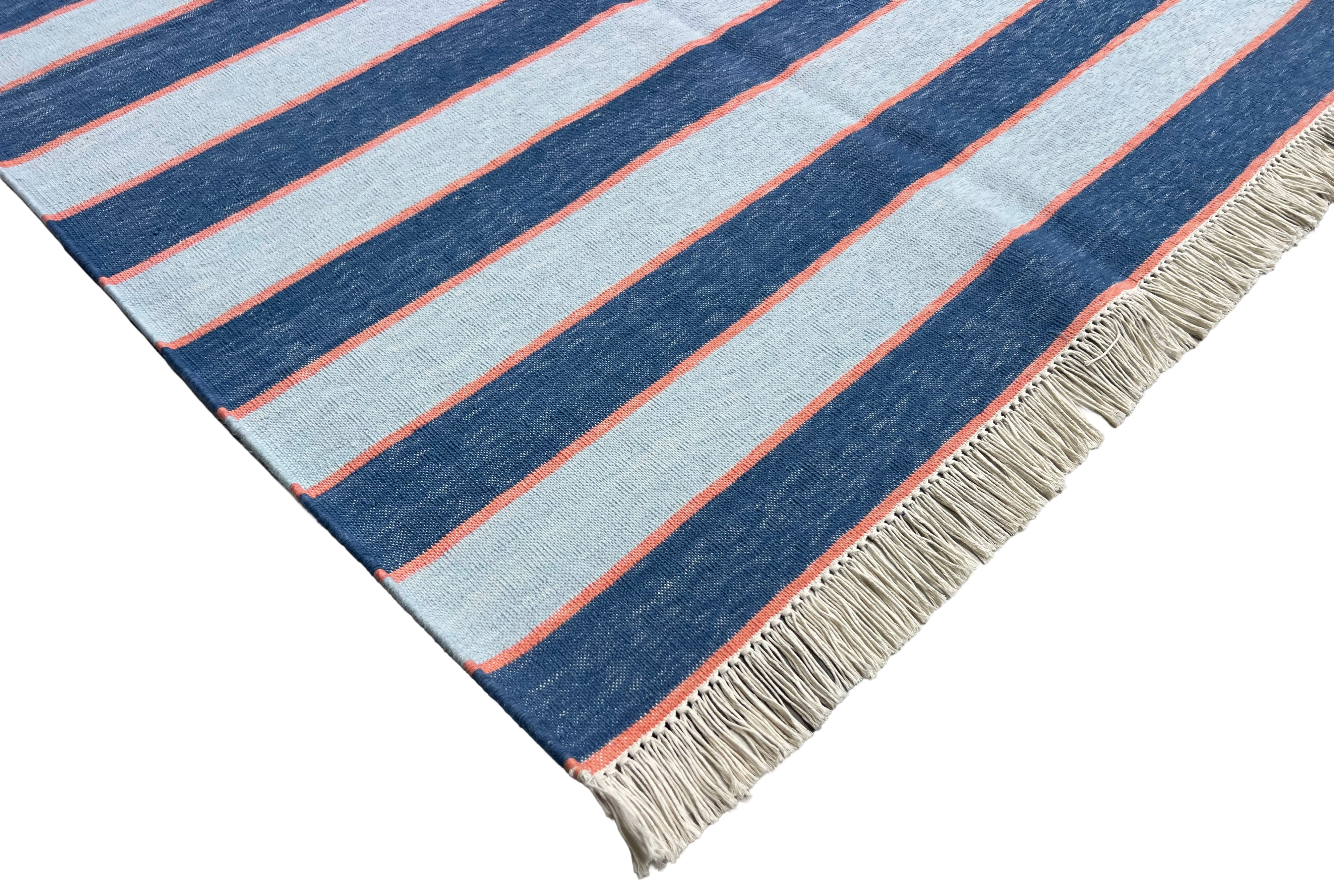 Modern Handmade Cotton Sky Blue And Orange Striped Area Rug-6830
