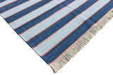 Modern Handmade Cotton Sky Blue And Orange Striped Area Rug-6830