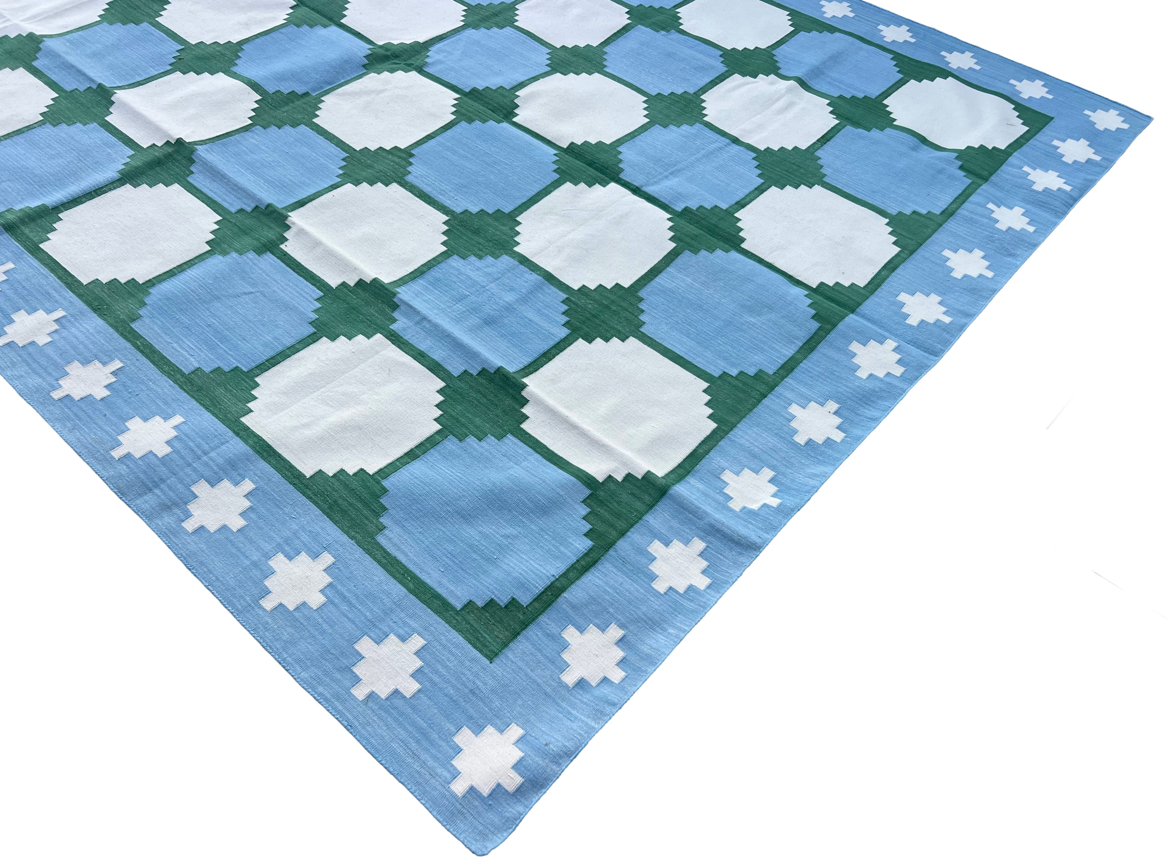 Modern Handmade Cotton Sky Blue And Green Geometric Swedish Star Rug-6813