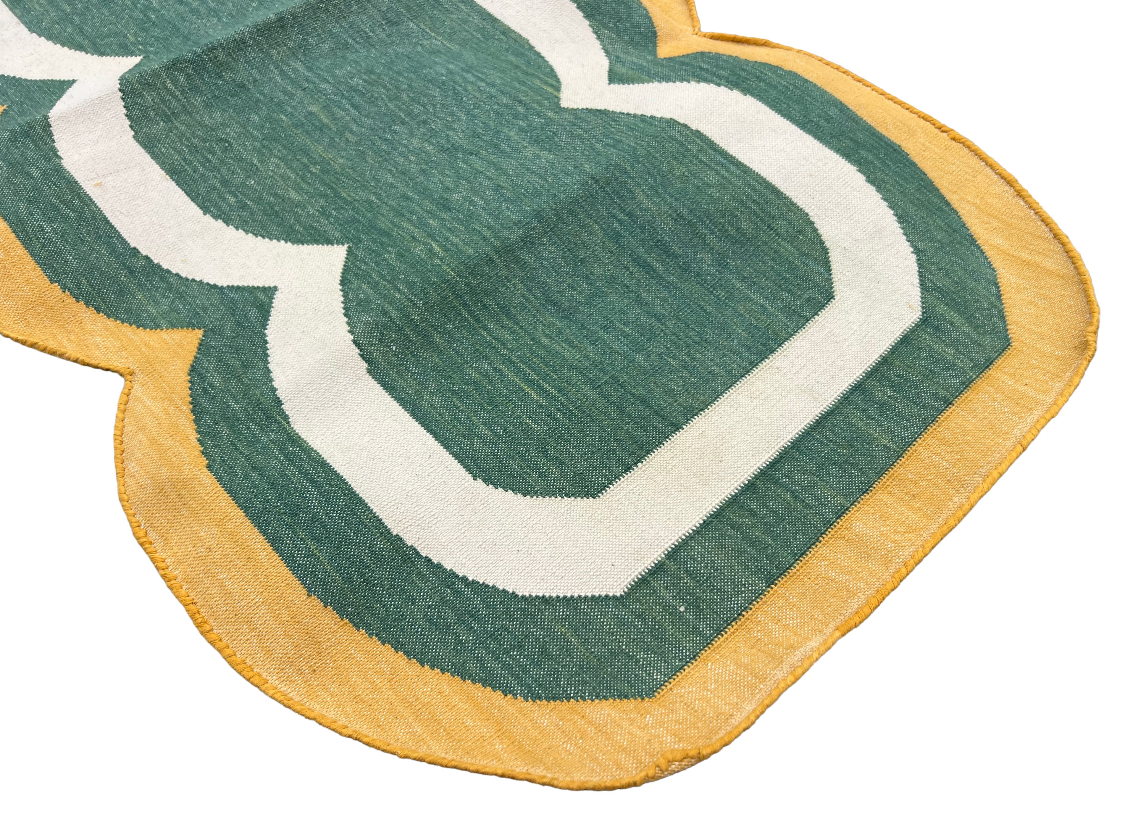 Modern Handmade Cotton Rug, 2x8 Green And Mustard Dhurrie Runner -9668