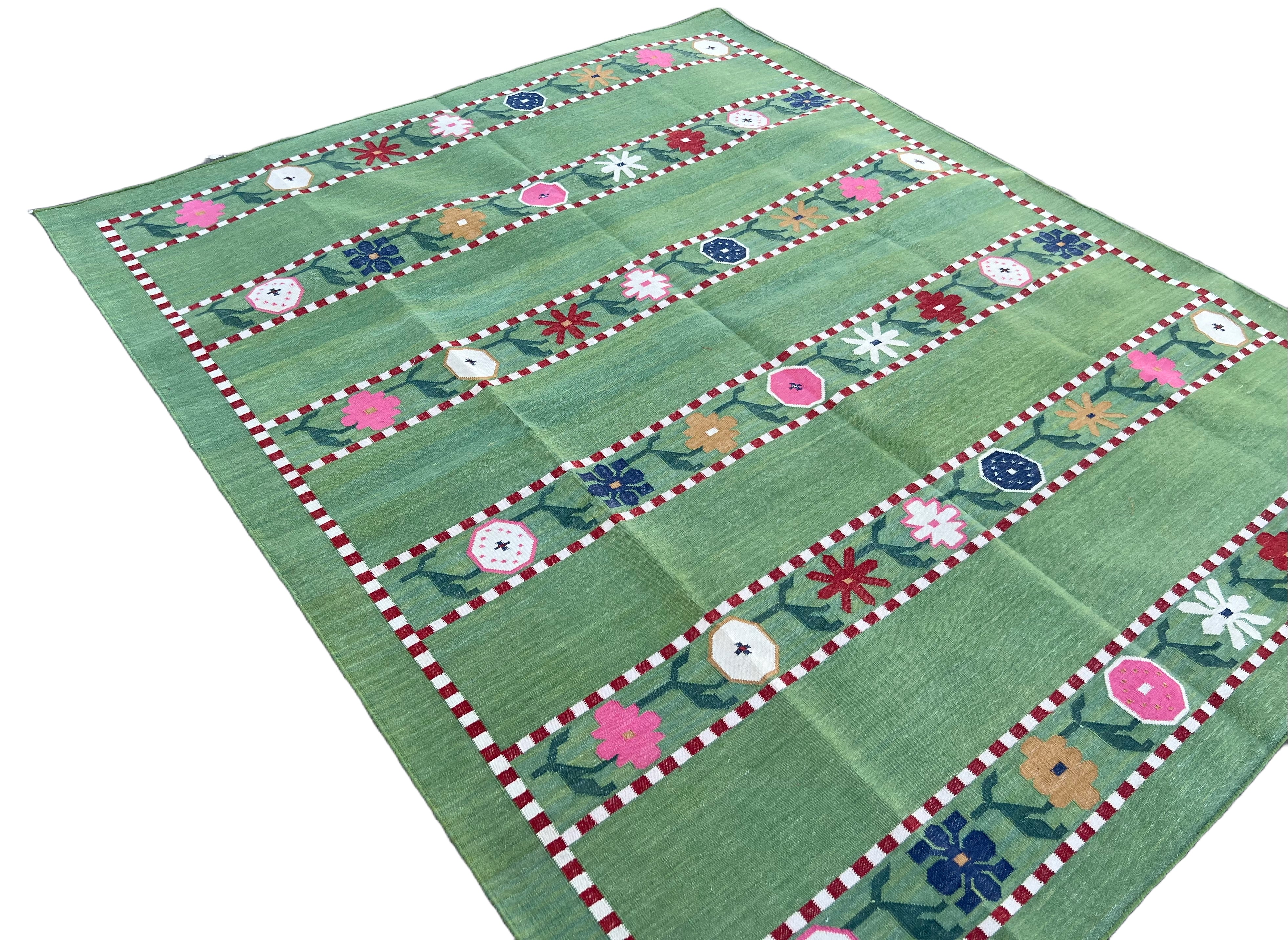 Modern Handmade Cotton Area Rug, Green And Red Flower Indian Dhurrie-6547