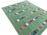 Modern Handmade Cotton Area Rug, Green And Red Flower Indian Dhurrie-6547