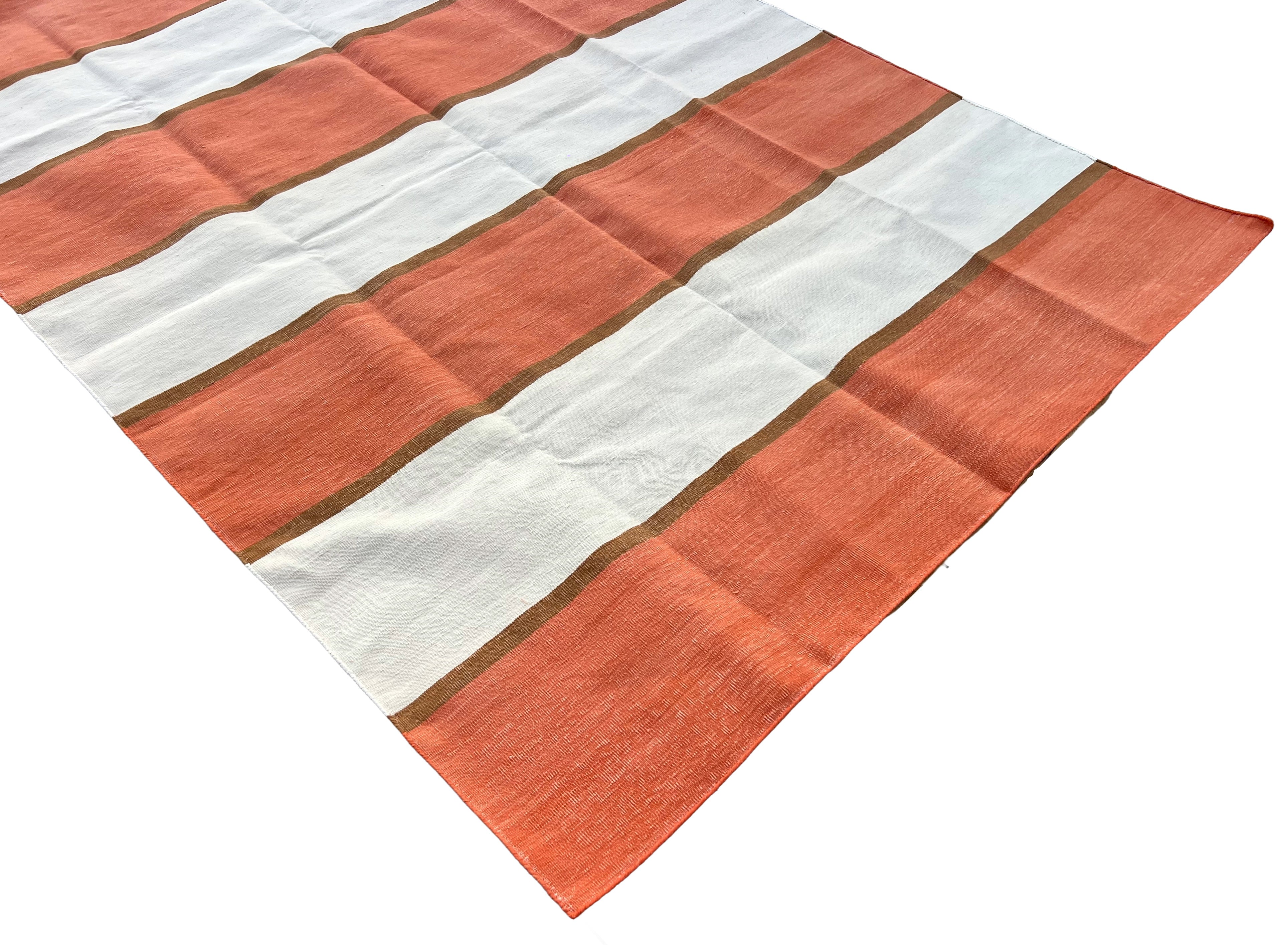 Modern Handmade Cotton Orange, Cream And Tan Striped Area Rug-6812