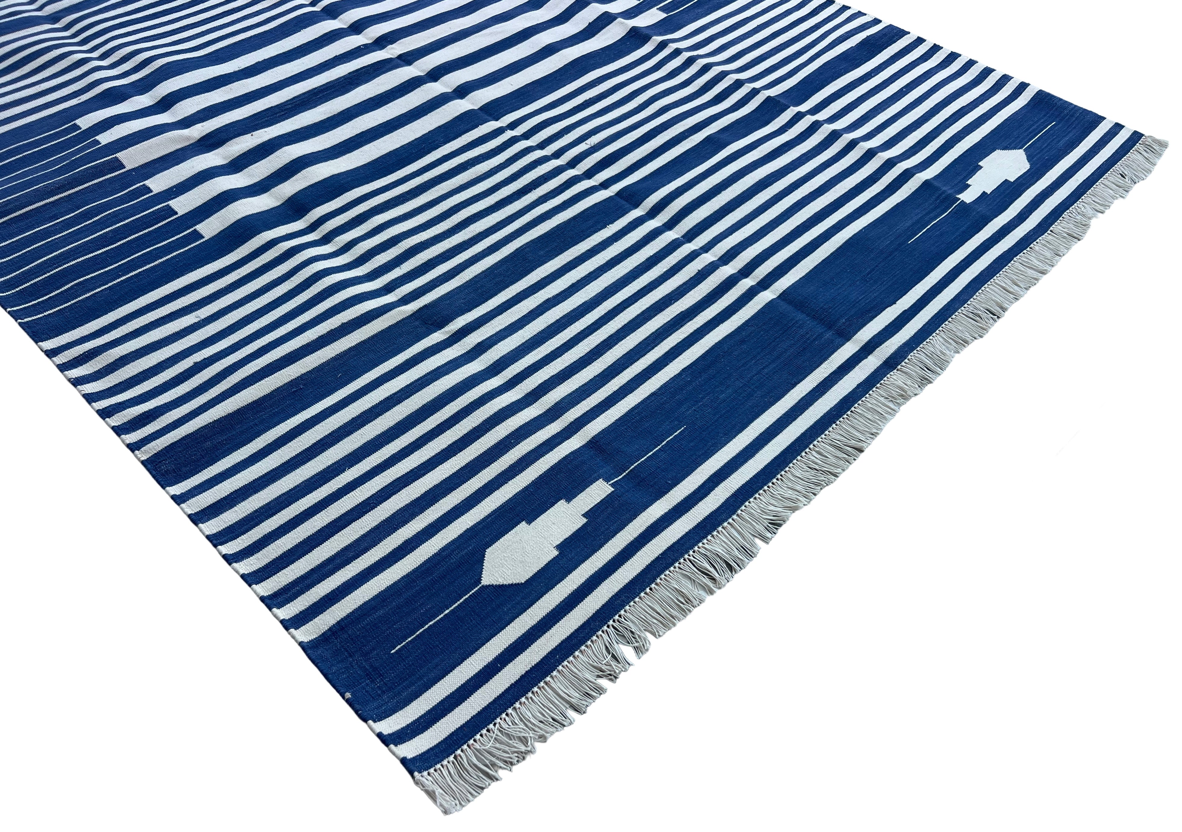 Modern Handmade Cotton Indigo Blue And White Striped Area Rug-6826