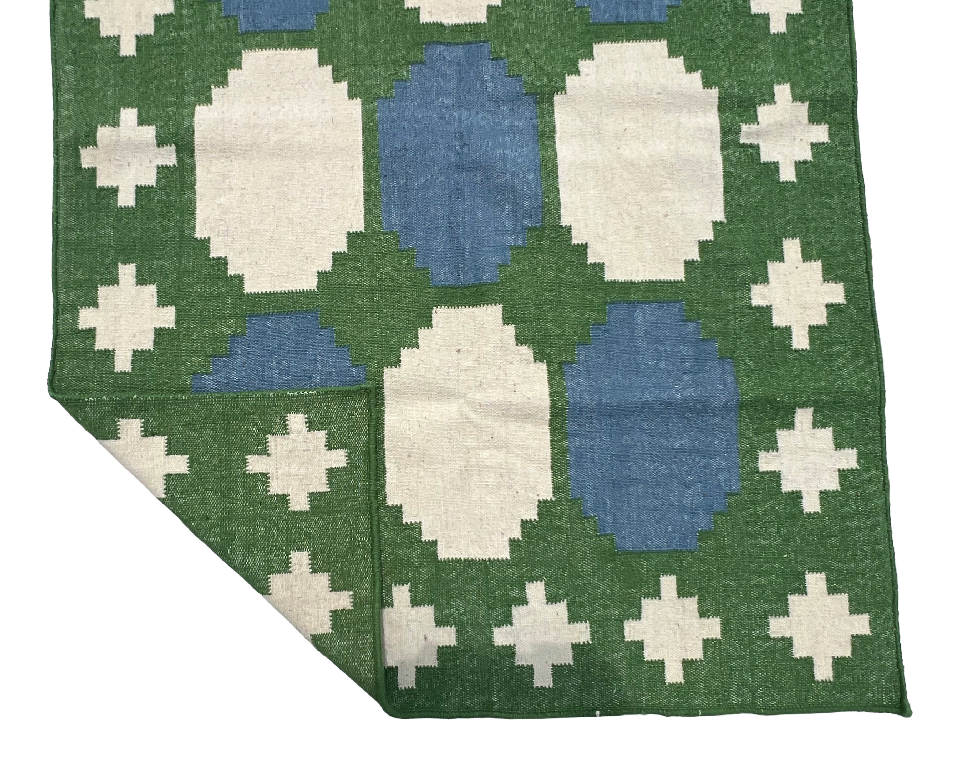 Modern Handmade New Zealand Wool Moss Green, Cream And Sky Blue Geometric Runner-6838