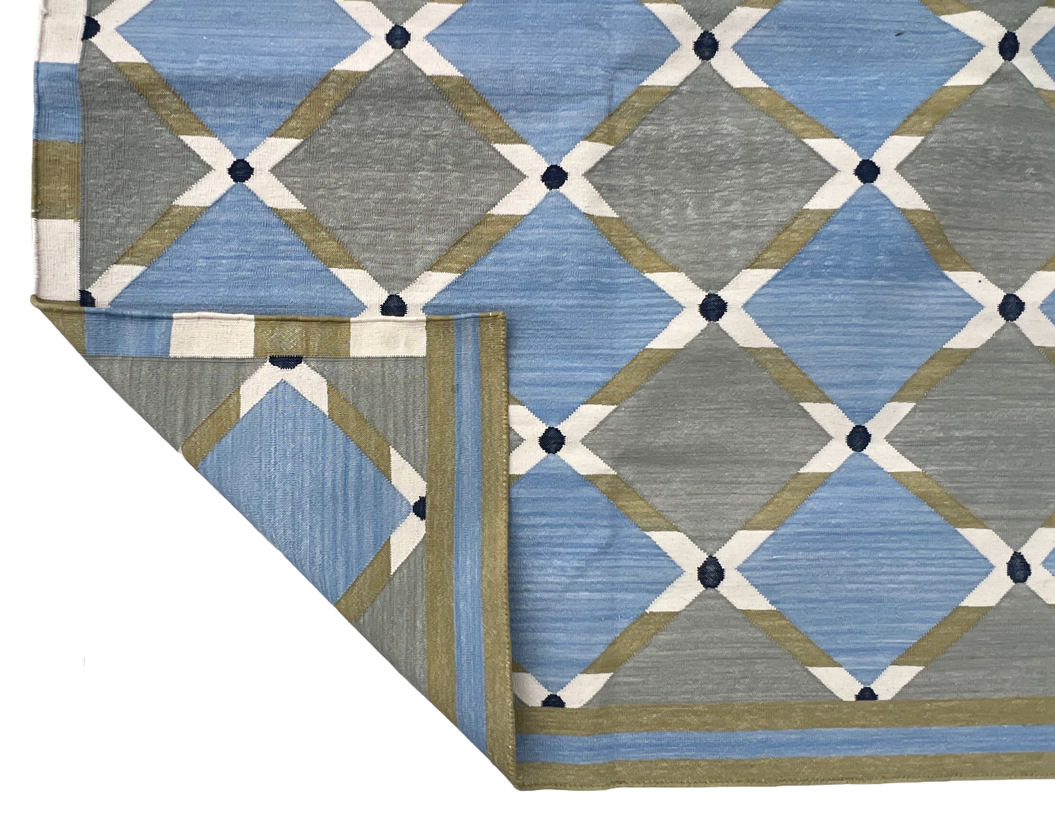 Modern Handmade Cotton Grey, Blue, Cream And Green Geometric Area Rug-6834