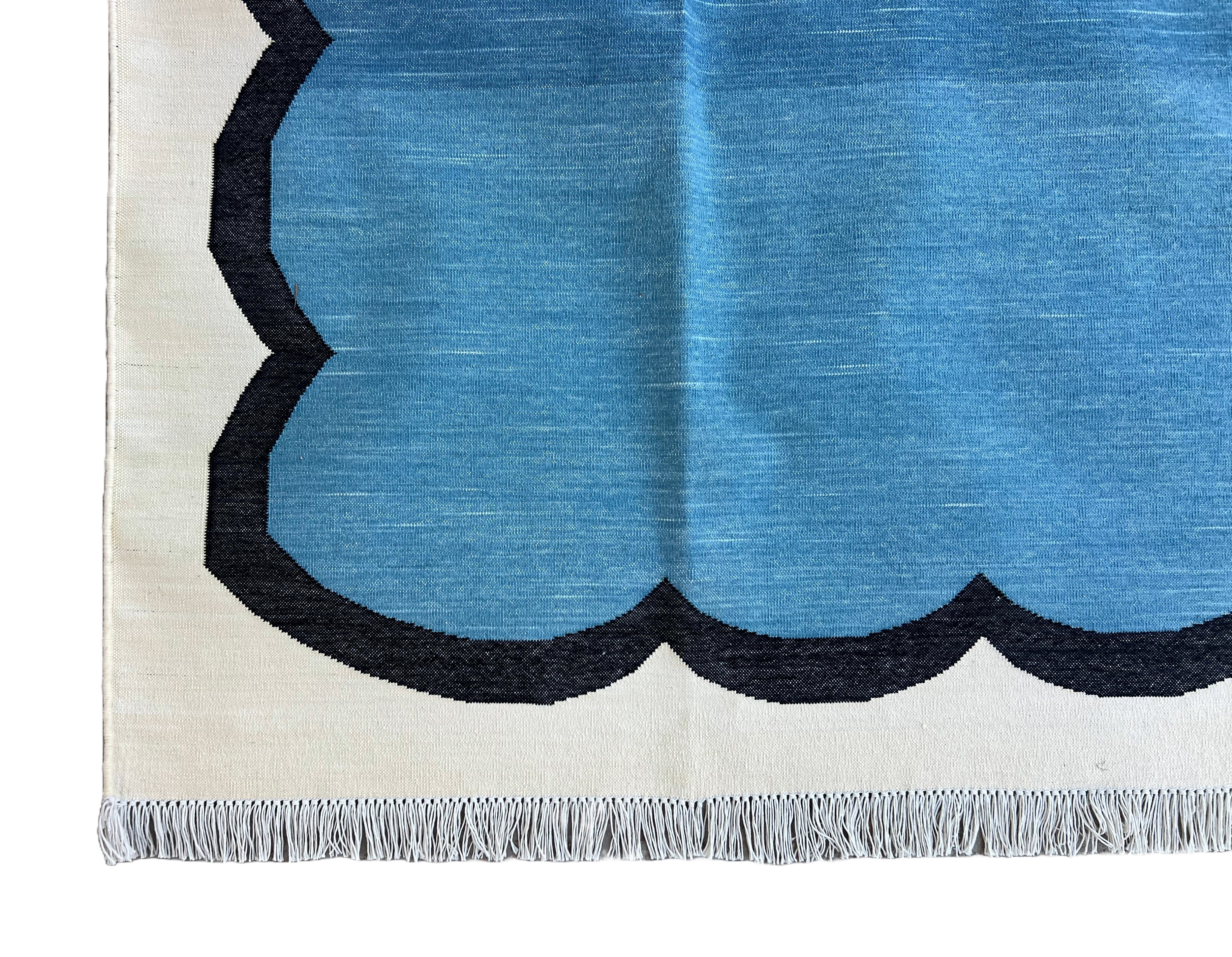 Modern Handmade Cotton Teal Blue, Black and Cream Scalloped Rug-6791