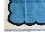 Modern Handmade Cotton Teal Blue, Black and Cream Scalloped Rug-6791