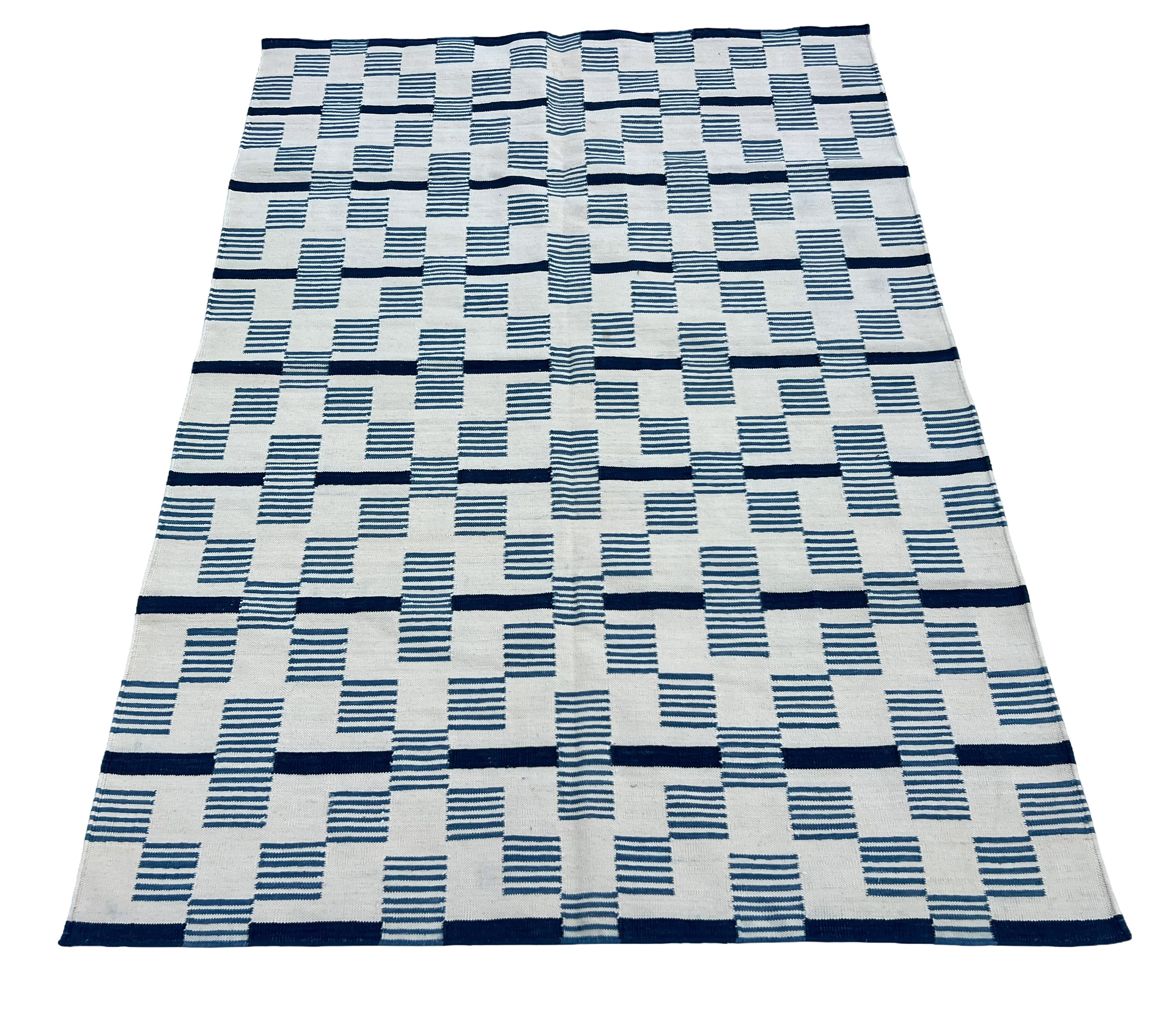 Modern Handmade Cotton Rug, 4x6 White And Blue Star And Dash Striped Rug-6846