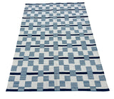 Modern Handmade Cotton Rug, 4x6 White And Blue Star And Dash Striped Rug-6846