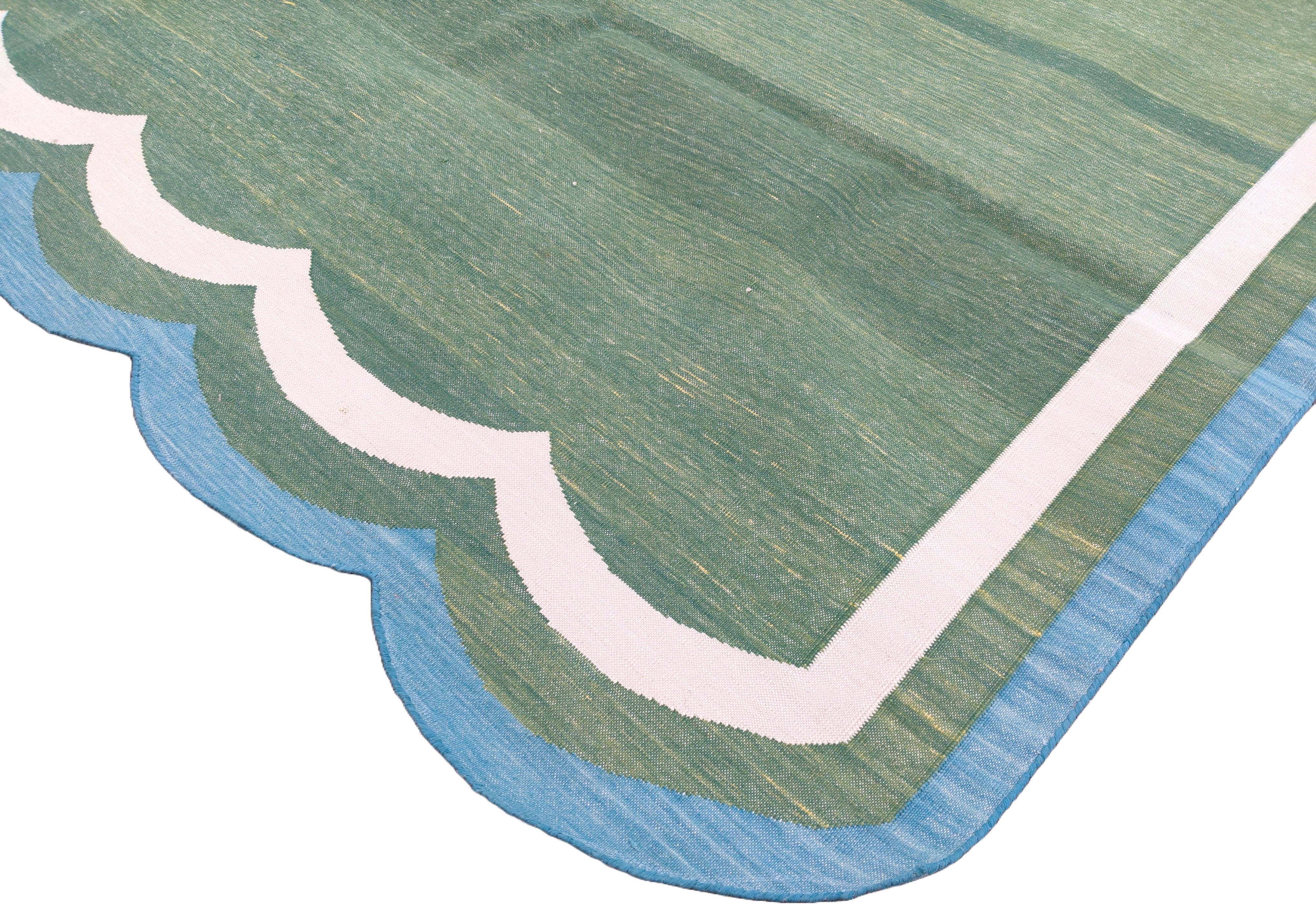 Modern Handmade Cotton Green, Cream and Teal Blue Scalloped Rug-9662
