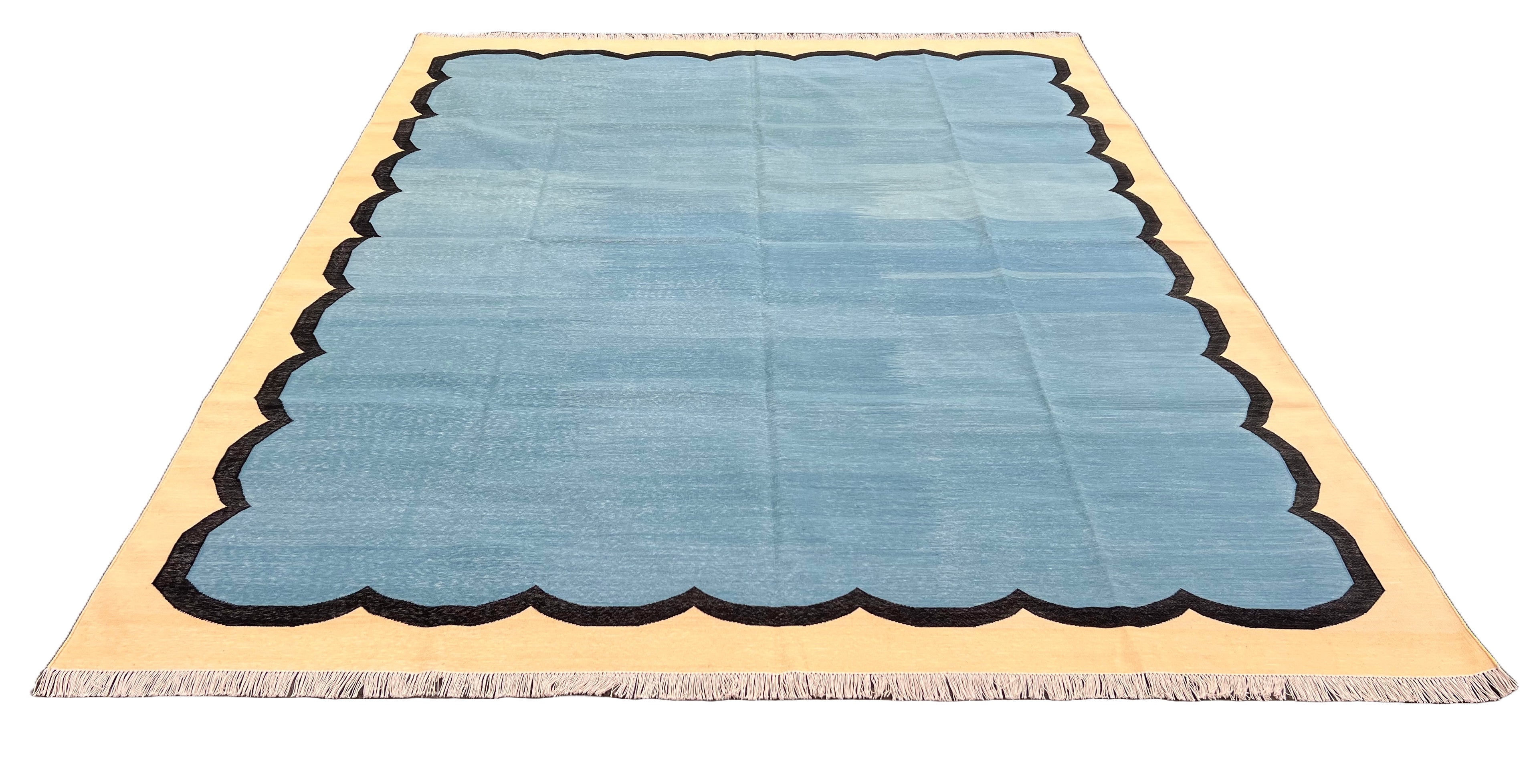Modern Handmade Cotton Teal Blue, Black and Cream Scalloped Rug-6766