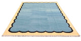 Modern Handmade Cotton Teal Blue, Black and Cream Scalloped Rug-6766