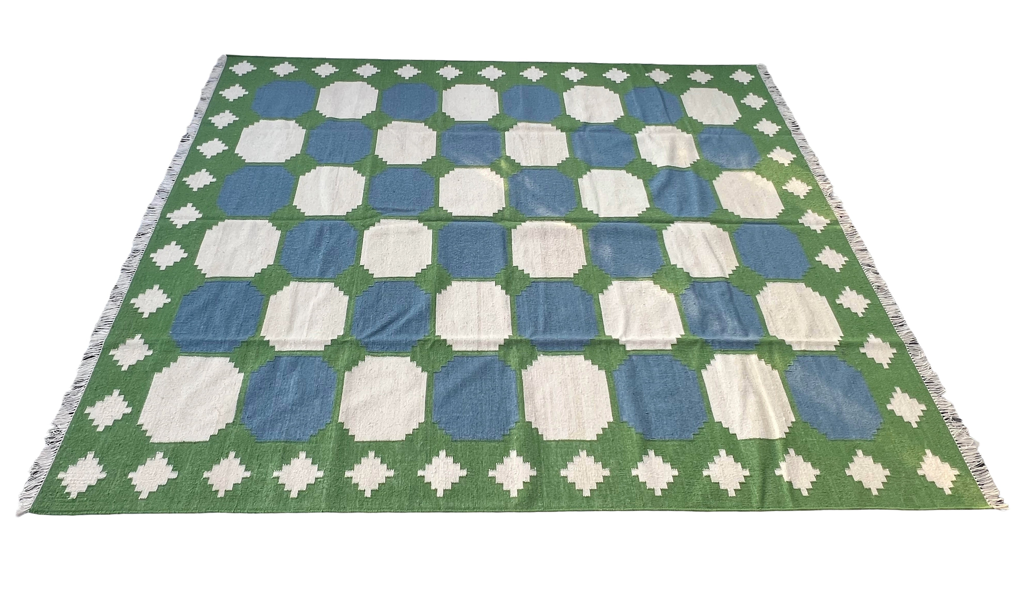 Modern Handmade Woolen Sky Blue, Green And Cream Swedish Tile Geometric Rug-6821