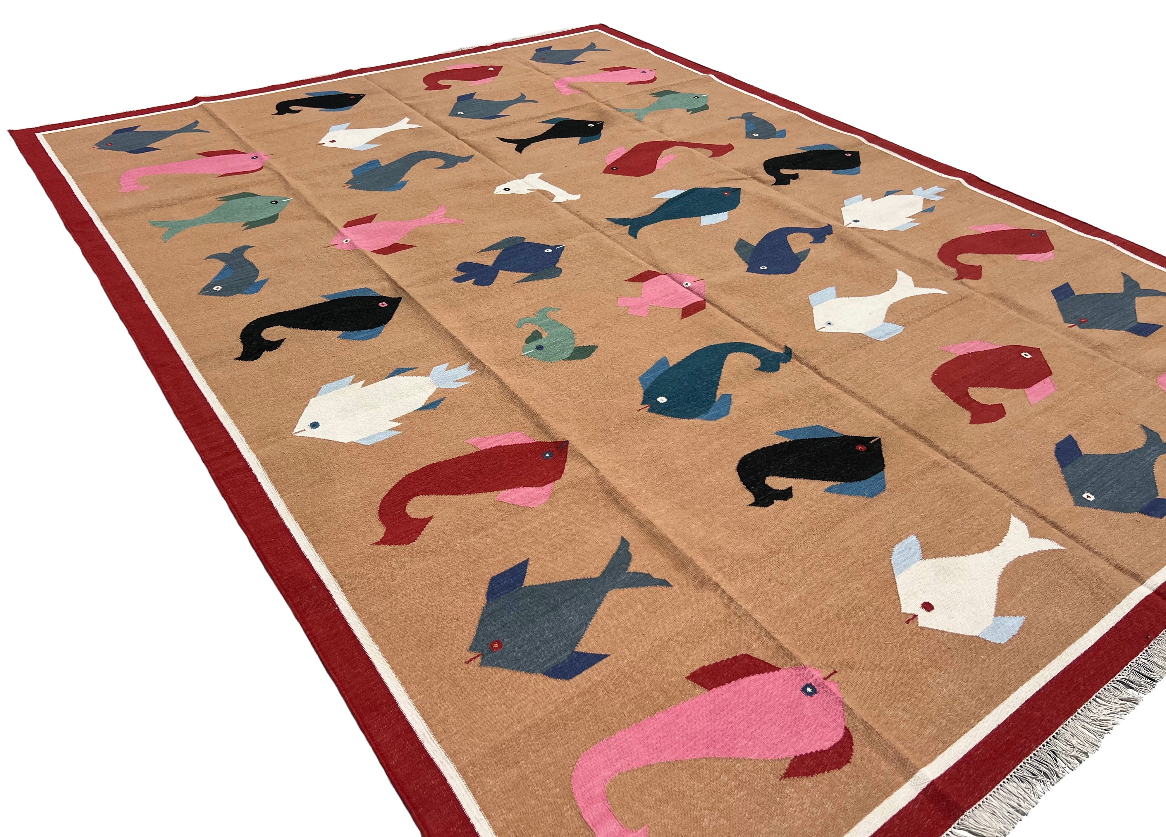 Modern Handmade Cotton Tan And Red Fish Patterned Area Rug-6840