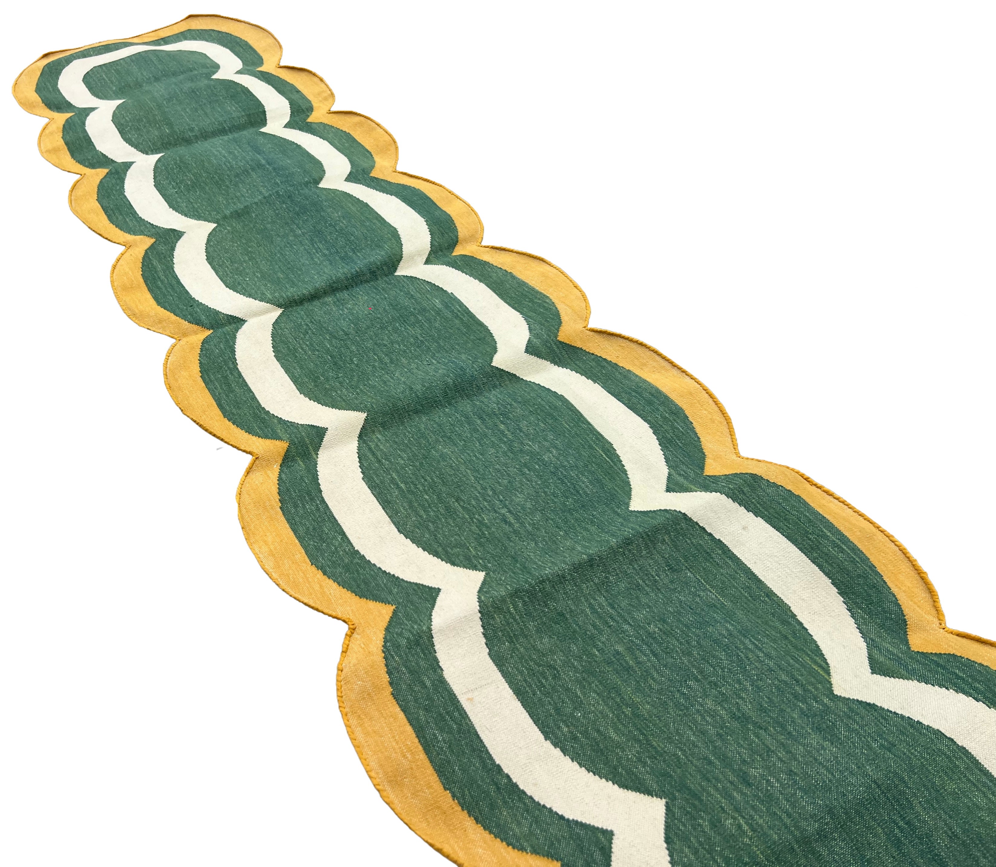 Modern Handmade Cotton Rug, 2x8 Green And Mustard Dhurrie Runner -9668