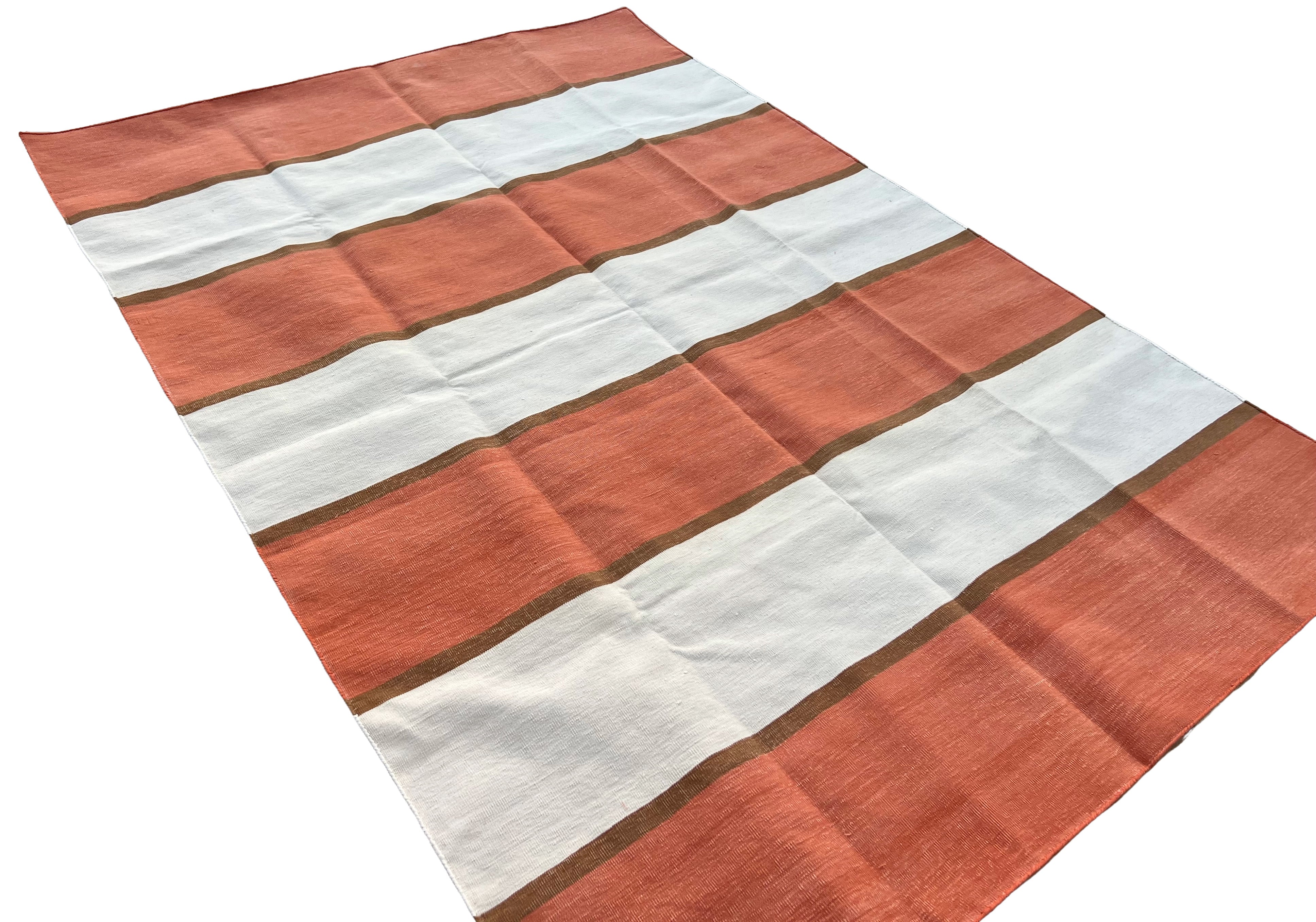 Modern Handmade Cotton Orange, Cream And Tan Striped Area Rug-6812