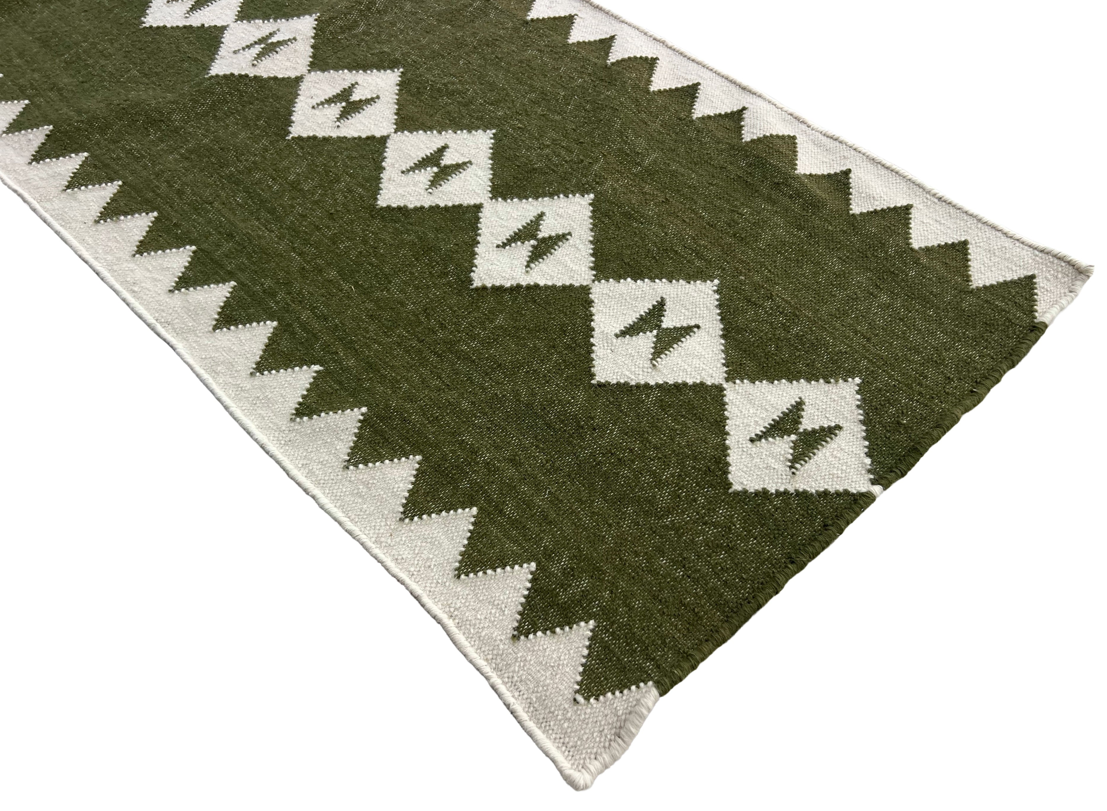 Modern Handmade New Zealand Wool Dark Olive Green And White Geometric Runner-6824