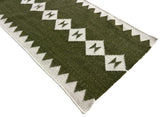 Modern Handmade New Zealand Wool Dark Olive Green And White Geometric Runner-6824