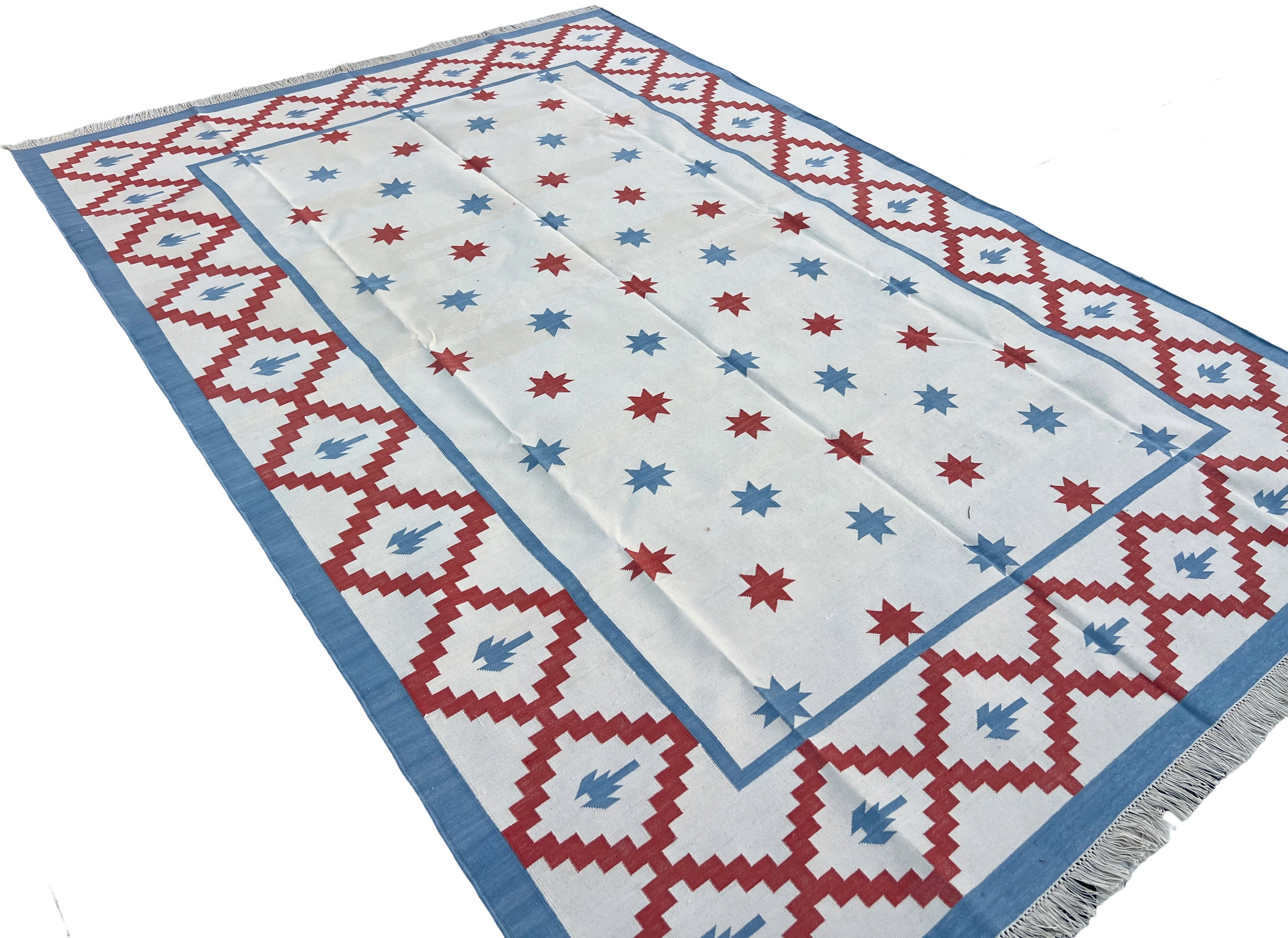 Modern Handmade Cotton Sky Blue, Cream And Terracotta Area Star Rug-6843