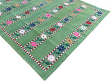 Modern Handmade Cotton Area Rug, Green And Red Flower Indian Dhurrie-6547