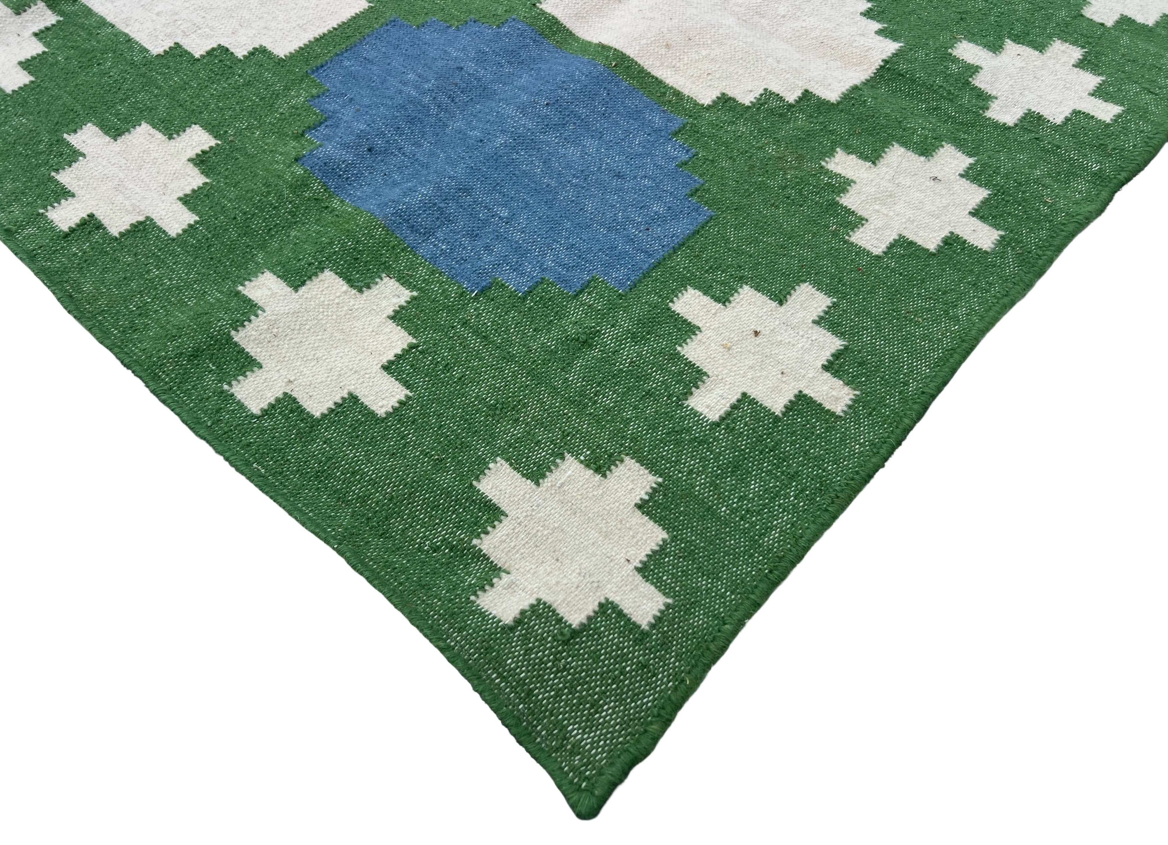 Modern Handmade New Zealand Wool Moss Green, Cream And Sky Blue Geometric Runner-6838