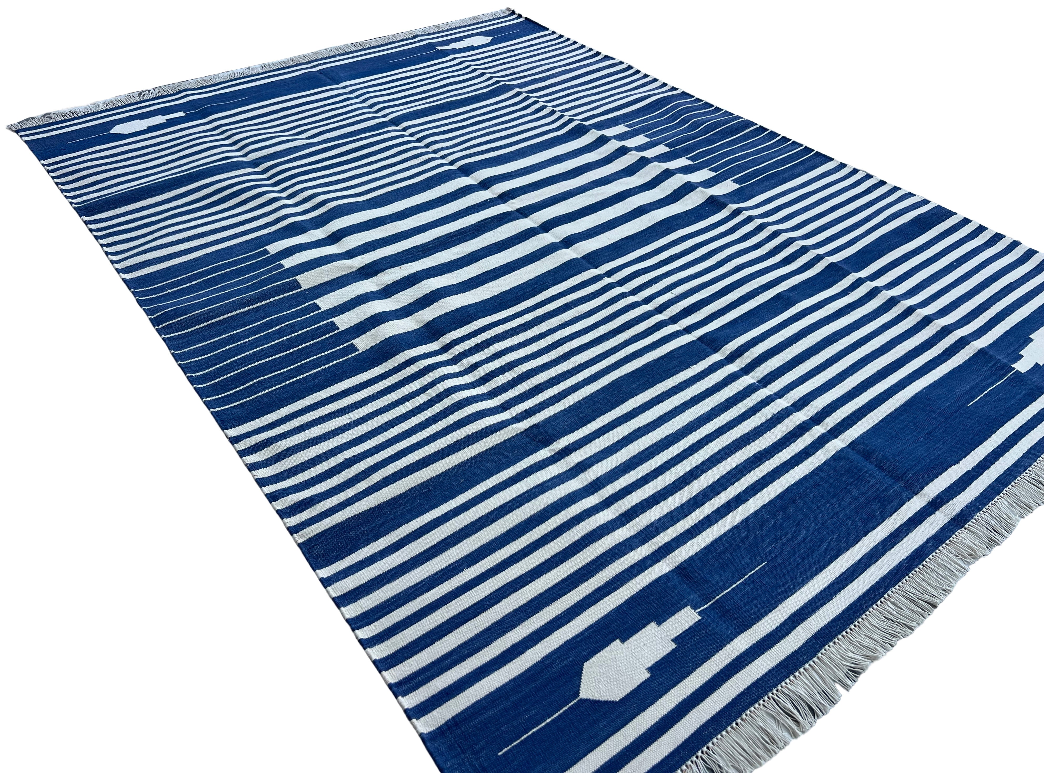 Modern Handmade Cotton Indigo Blue And White Striped Area Rug-6826