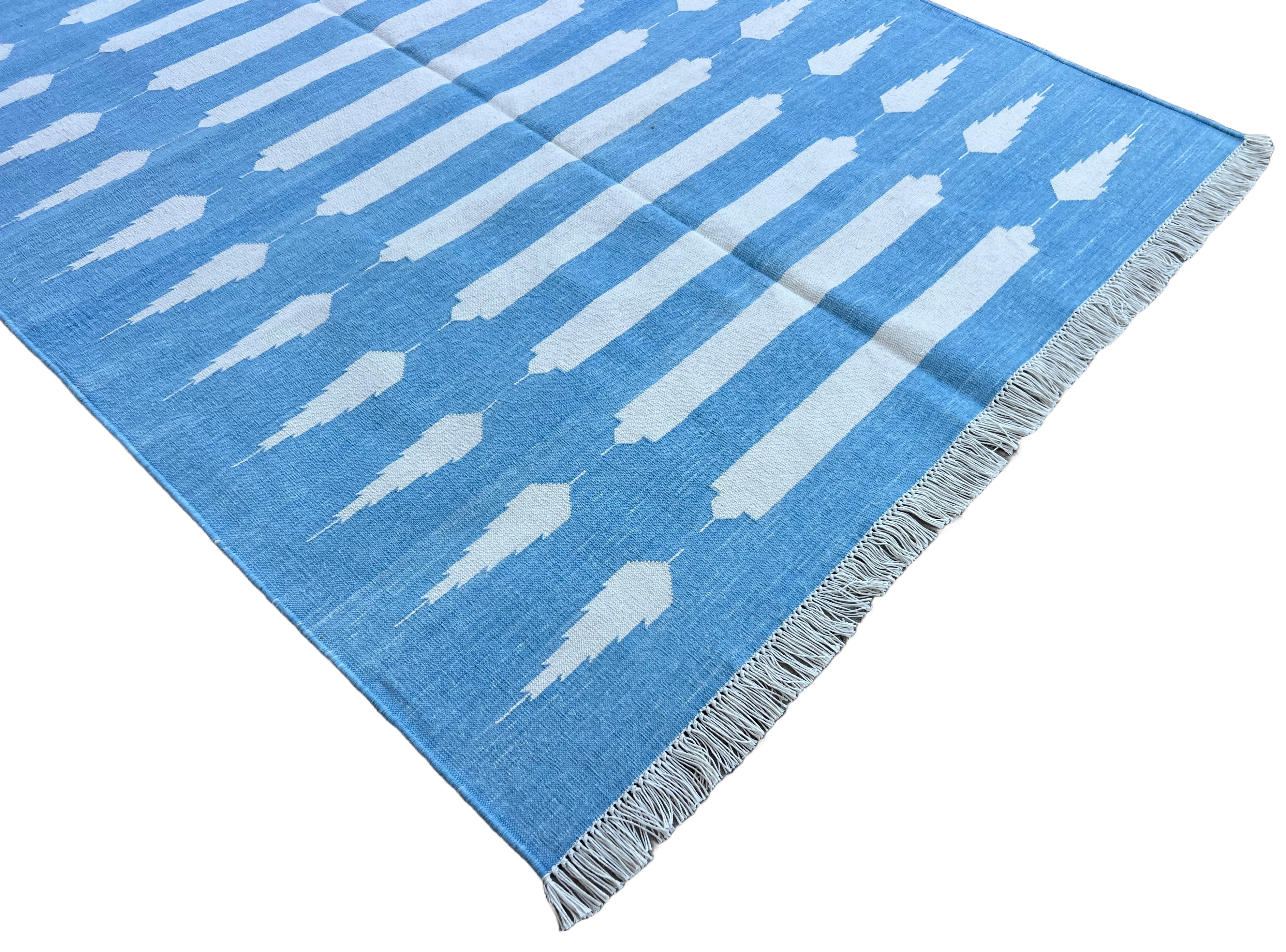 Modern Handmade Cotton Sky Blue And White Striped Dhurrie Runner-6792