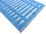 Modern Handmade Cotton Sky Blue And White Striped Dhurrie Runner-6792