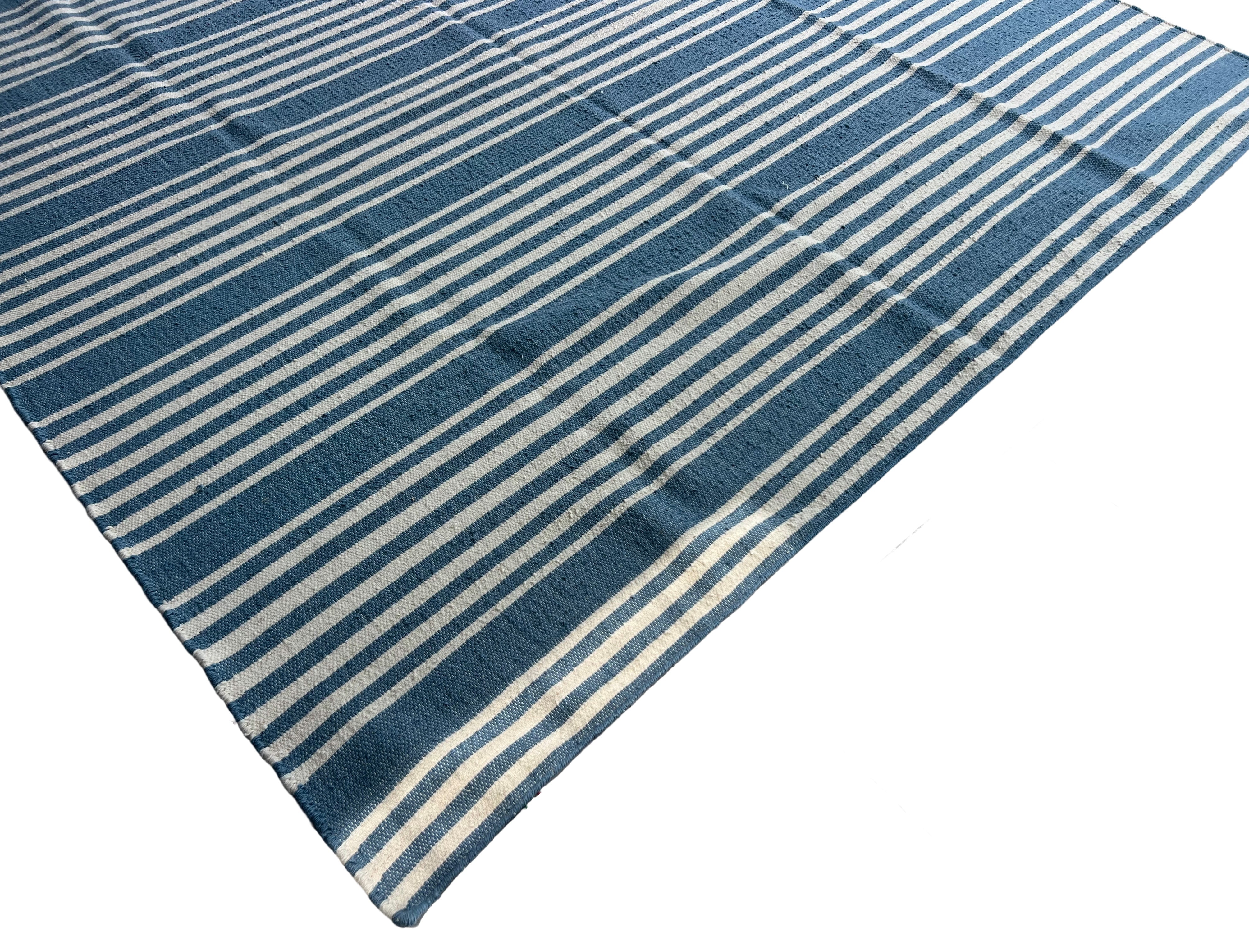 Modern Handmade Thick Woolen Sky Blue And White Striped Rug-6833