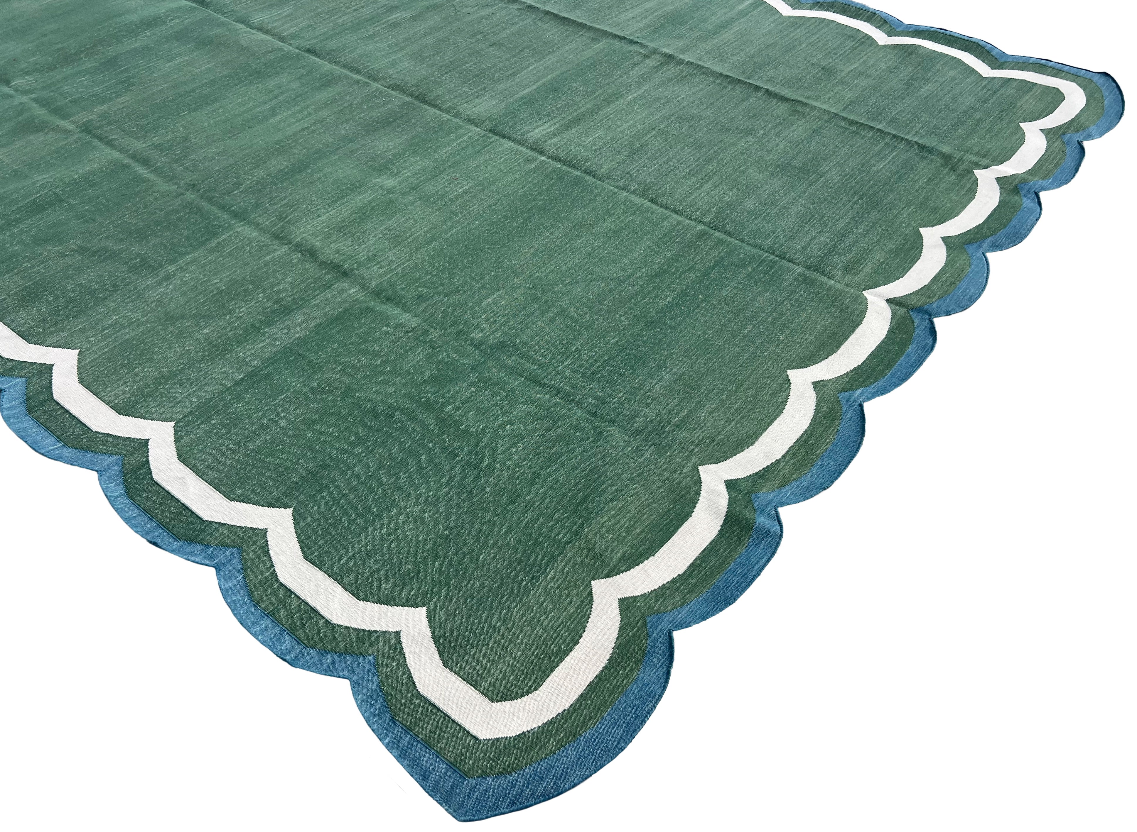 Modern Handmade Cotton Forest Green, Cream And Teal Blue 4 Sided Scalloped Rug-9670