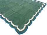 Modern Handmade Cotton Forest Green, Cream And Teal Blue 4 Sided Scalloped Rug-9670