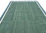Modern Handmade Cotton Forest Green, Cream And Teal Blue Two Sided Scalloped Rug-9671