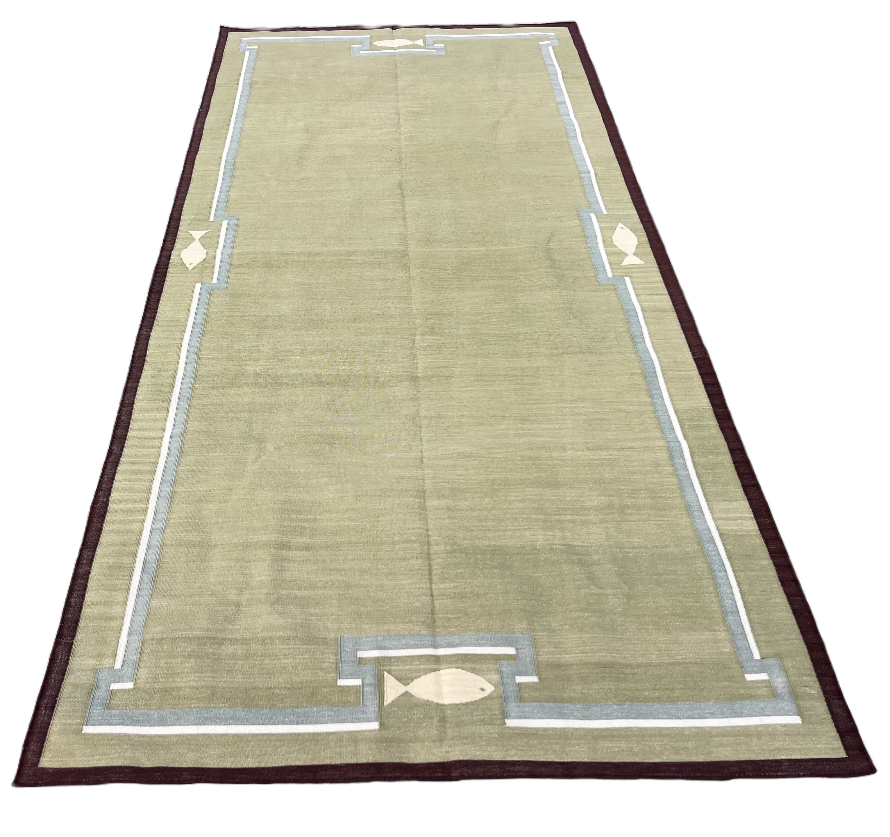 Modern Handmade Cotton Olive Green, Cream And Wine Color Fish Pattern Runner-6847