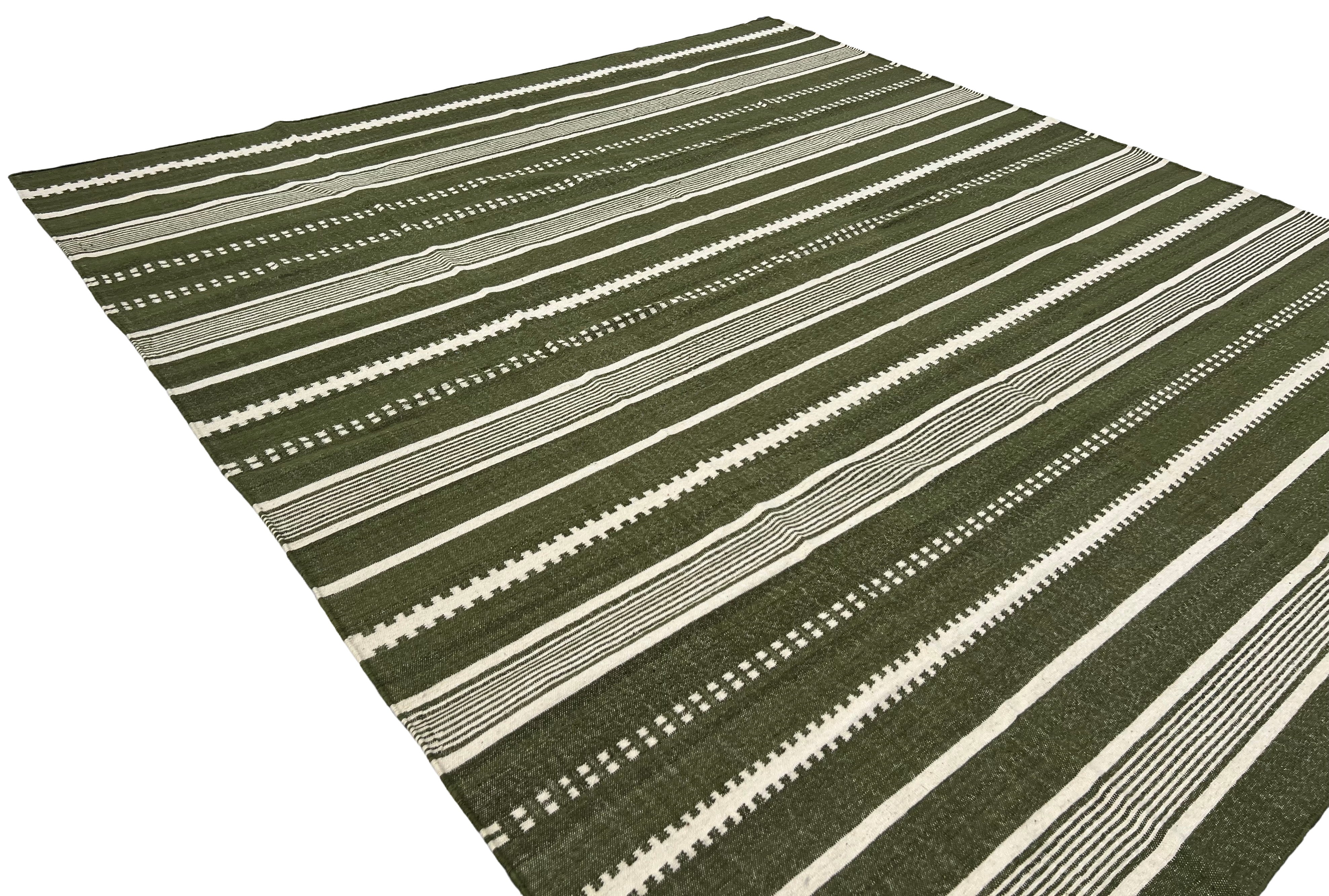 Modern Handmade Woolen Olive Green And White Striped Rug-6837