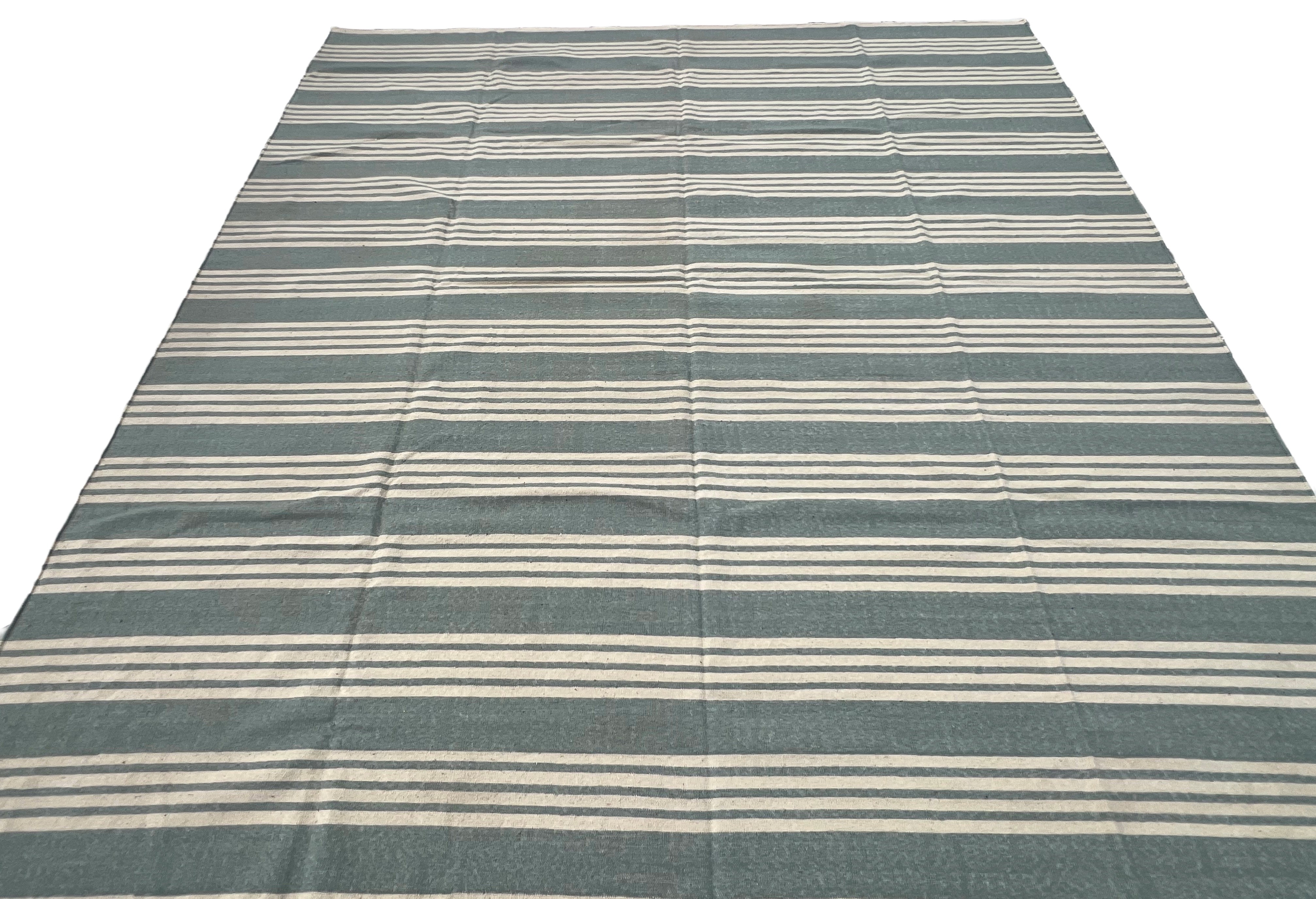 Modern Handmade Woolen Greyish Blue And White Striped Rug-6836