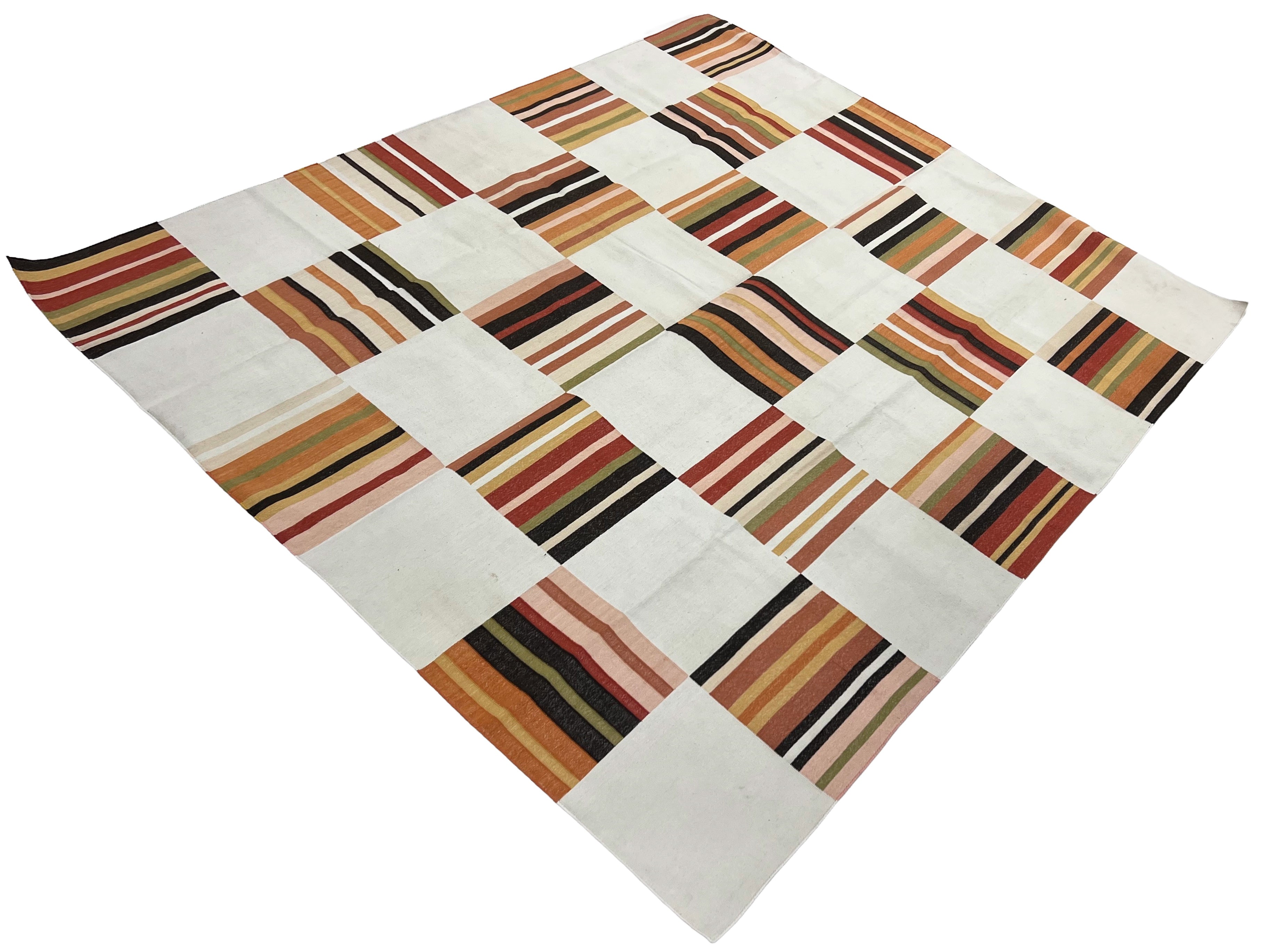 Modern Handmade Cotton Rug, 90"x105" Cream, Red Tile Striped Rug-6802