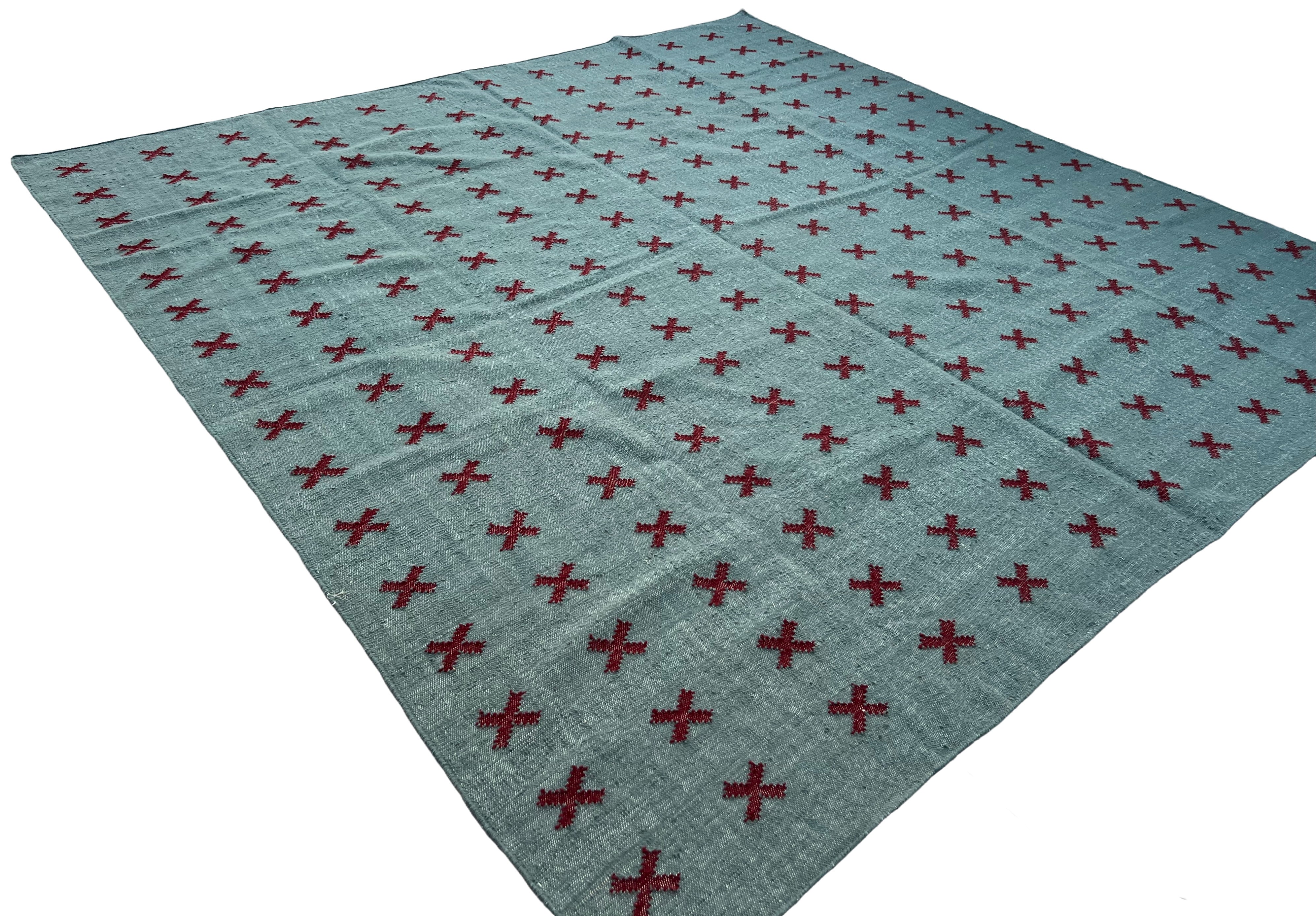 Modern Handmade Woolen Turquoise Blue And Burgundy Cross Pattern Rug-6804