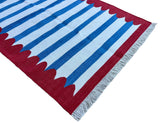 Modern Handmade Cotton Blue, White And Red Scalloped Striped Area Rug-6795