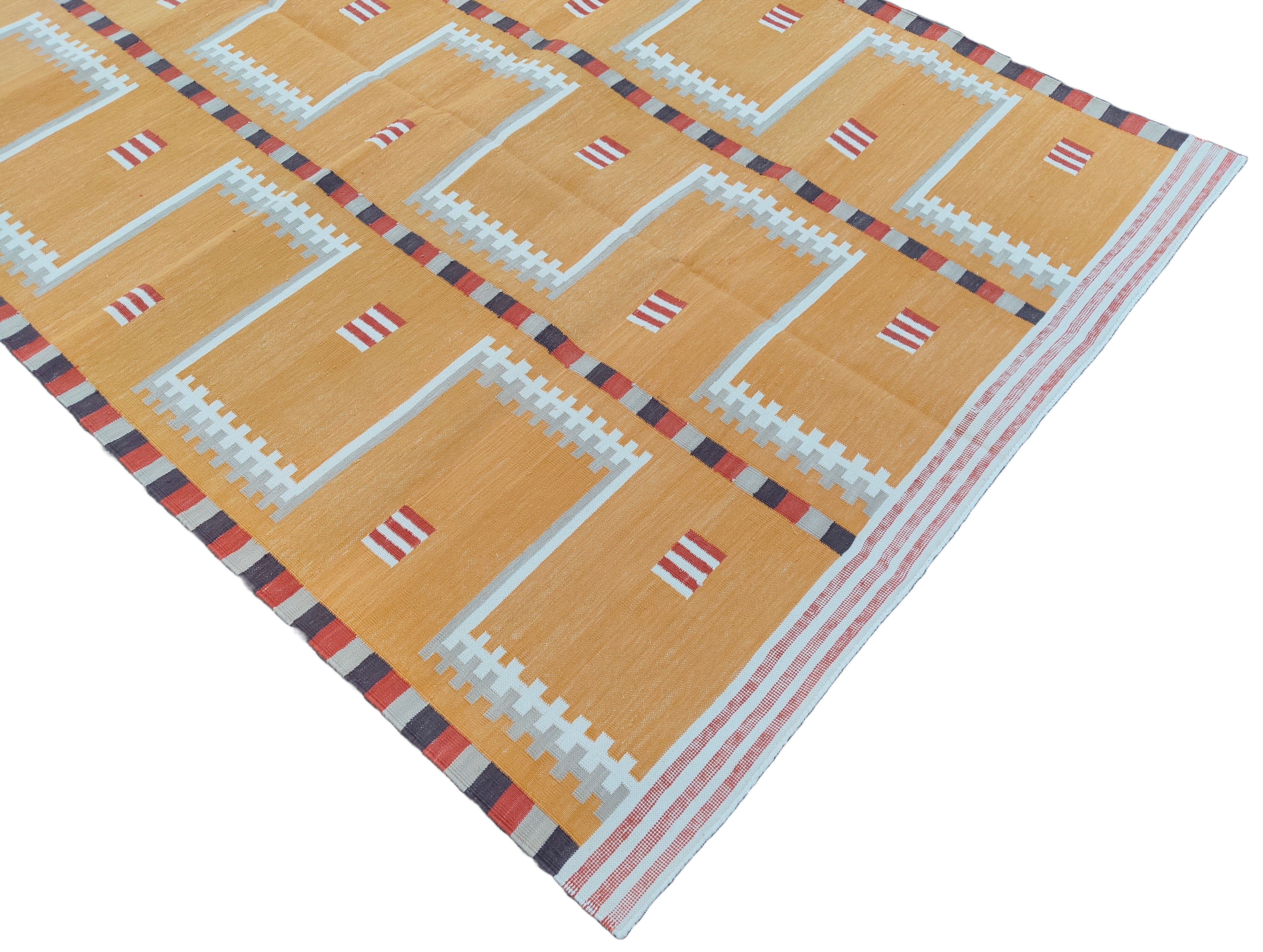 Modern Handmade Cotton Rug, 4x6 Mustard And Cream Geometric Rug-6776