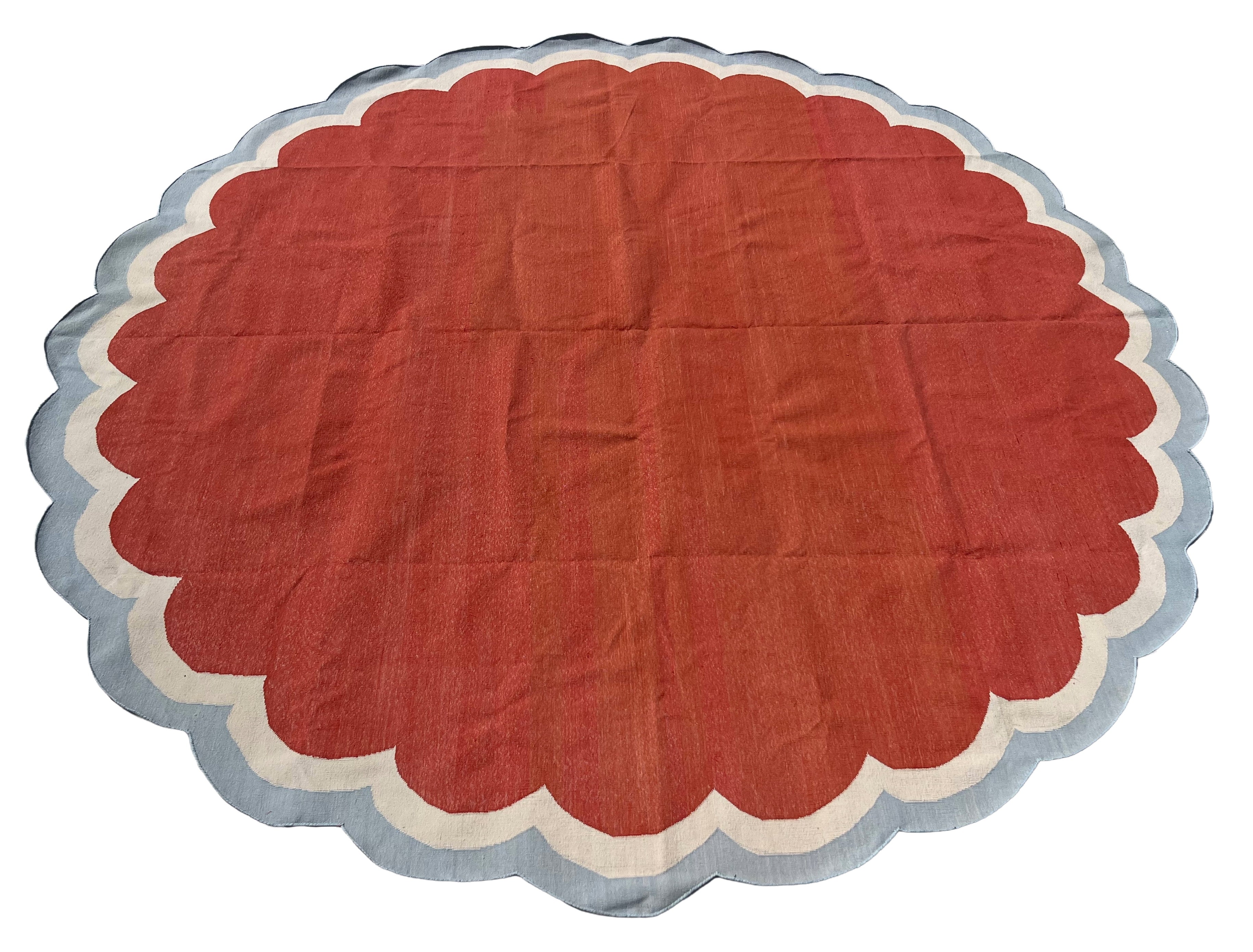 Handmade Cotton Terracotta, Cream And Sky Blue Round Scalloped Rug -9669