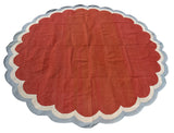 Handmade Cotton Terracotta, Cream And Sky Blue Round Scalloped Rug -9669