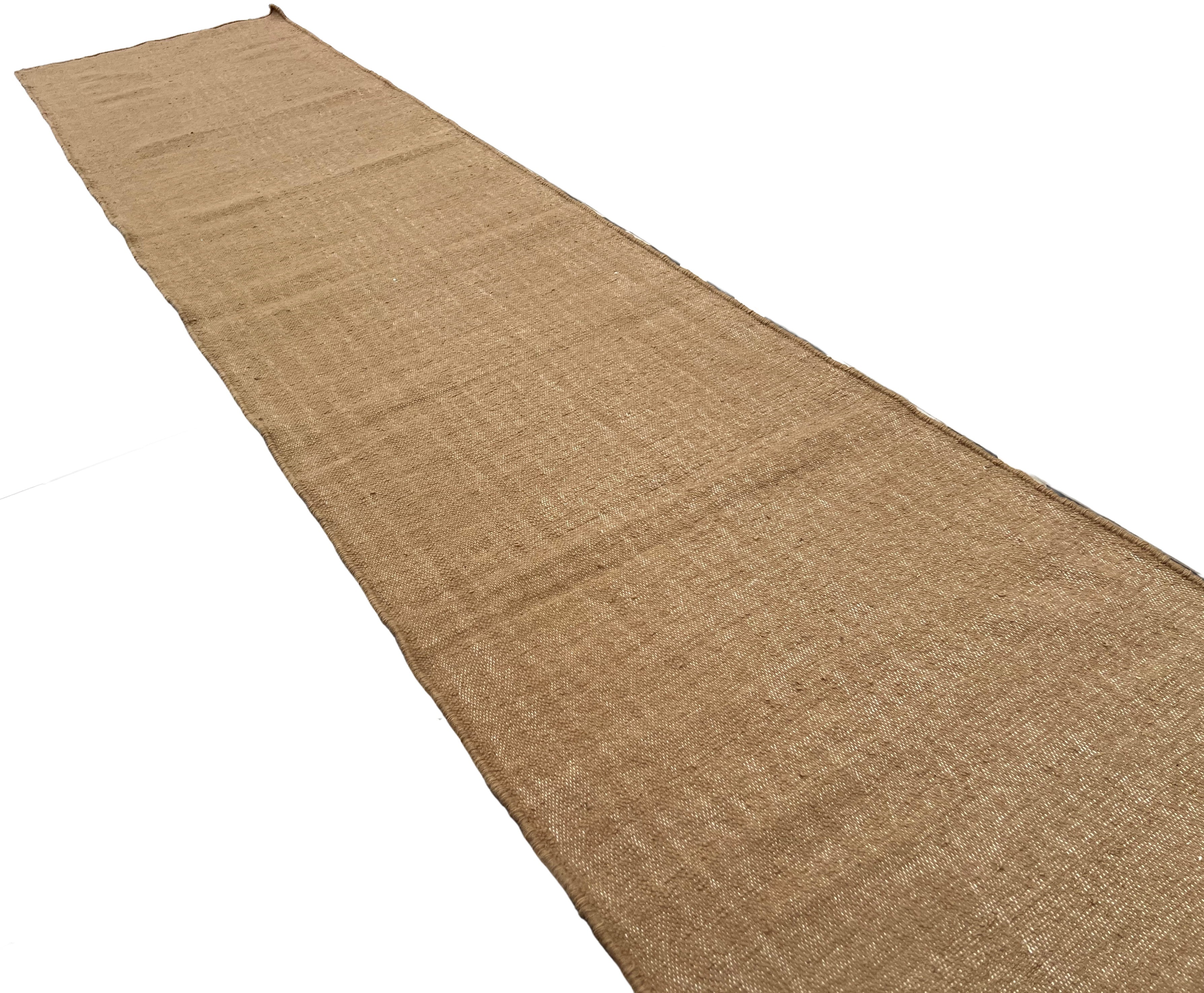 Modern Handmade New Zealand Wool Solid Beige Runner Dhurrie Rug - 6807