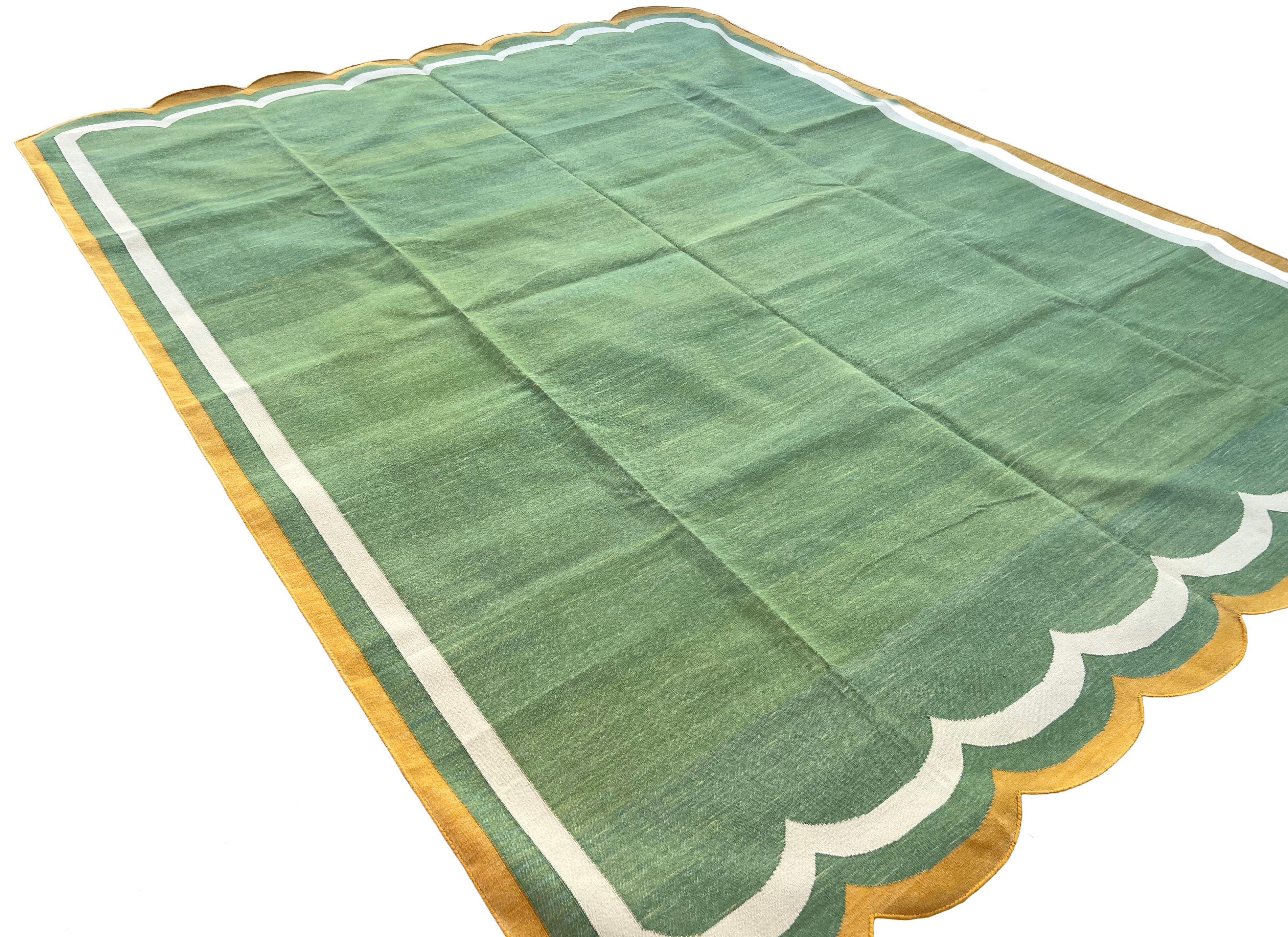 Modern Handmade Cotton Moss Green, Cream and Mustard Scalloped Rug-9667