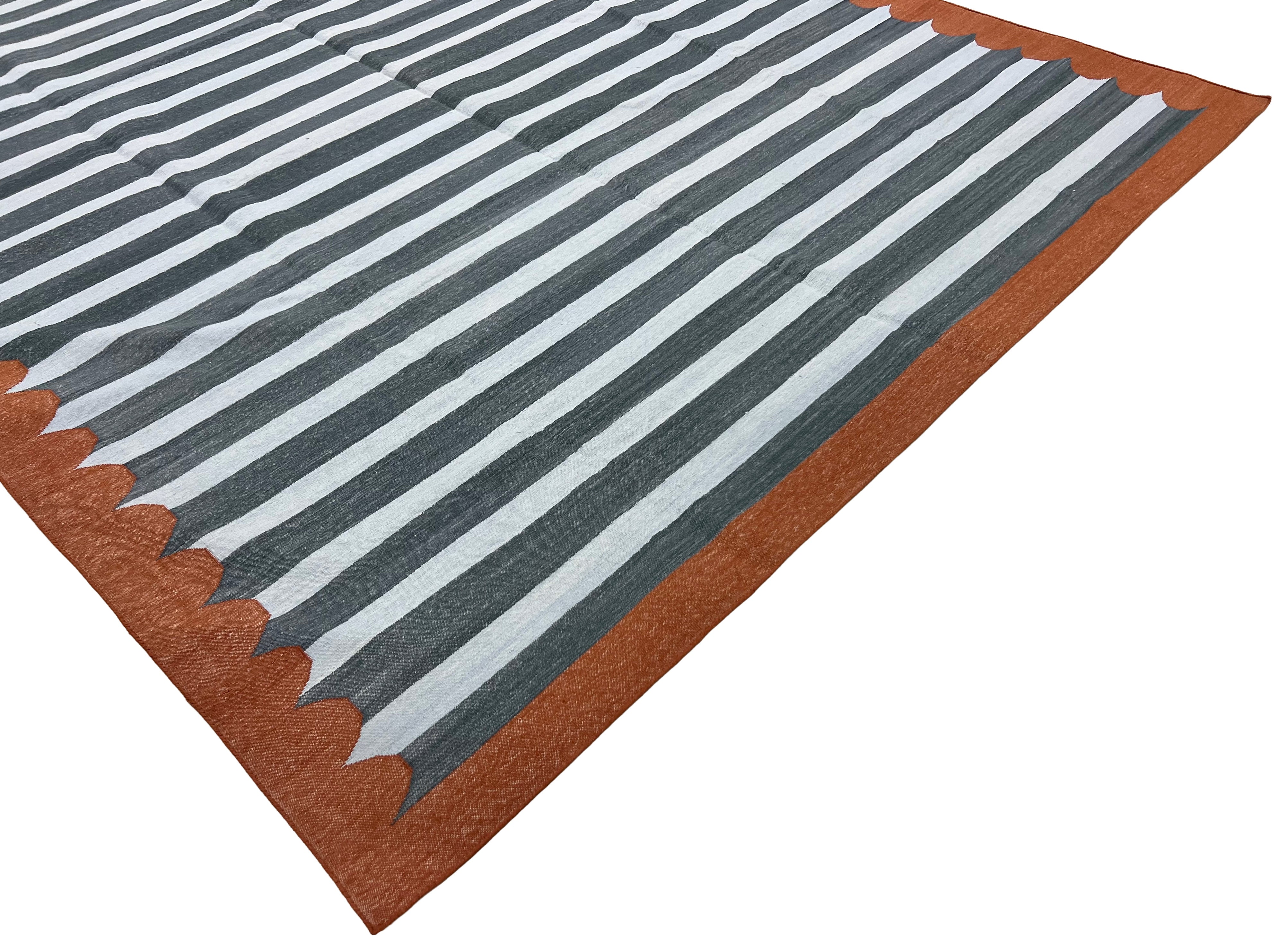 Modern Handmade Cotton Sky Blue, Gray And Terracotta Scalloped Striped Area Rug-6831