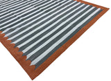 Modern Handmade Cotton Sky Blue, Gray And Terracotta Scalloped Striped Area Rug-6831