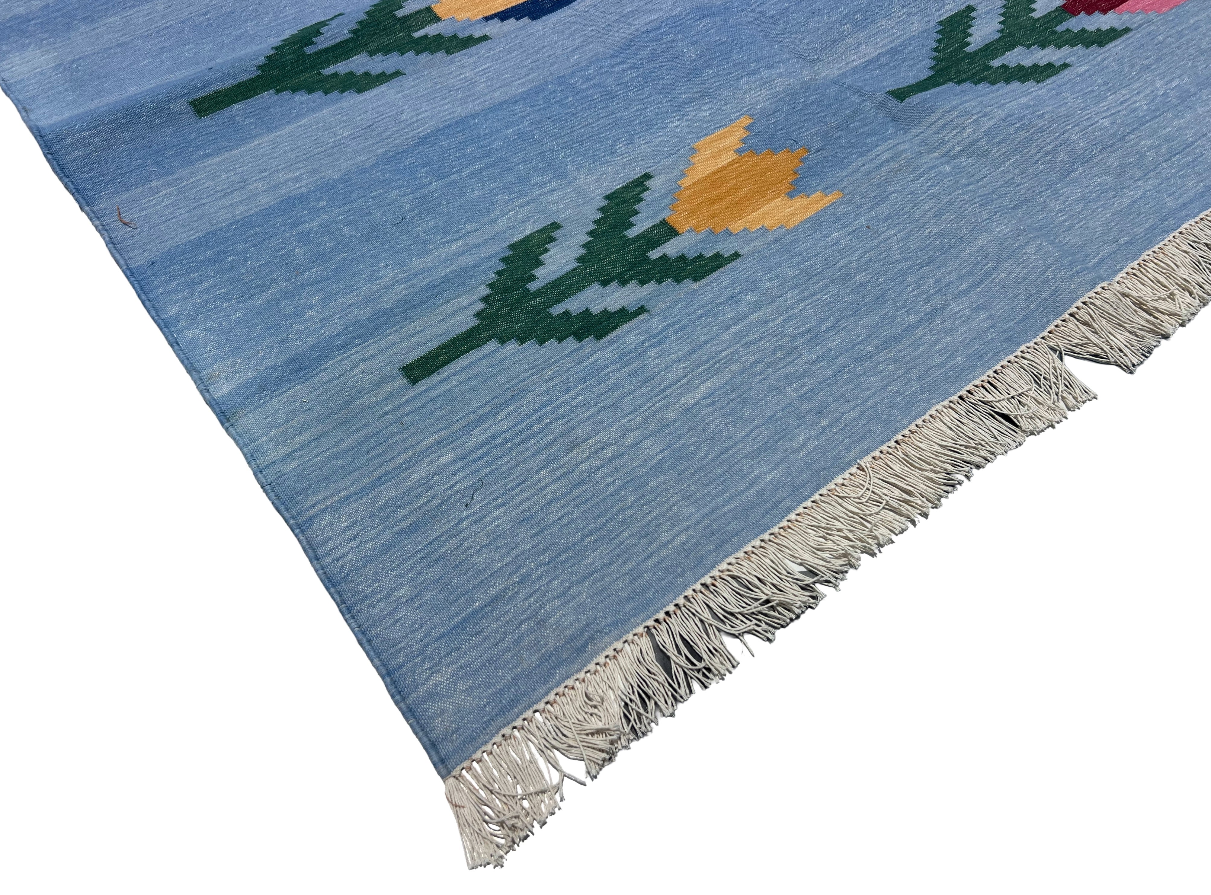 Modern Handmade Cotton Sky Blue Leaf Patterned Area Rug-6839