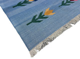Modern Handmade Cotton Sky Blue Leaf Patterned Area Rug-6839