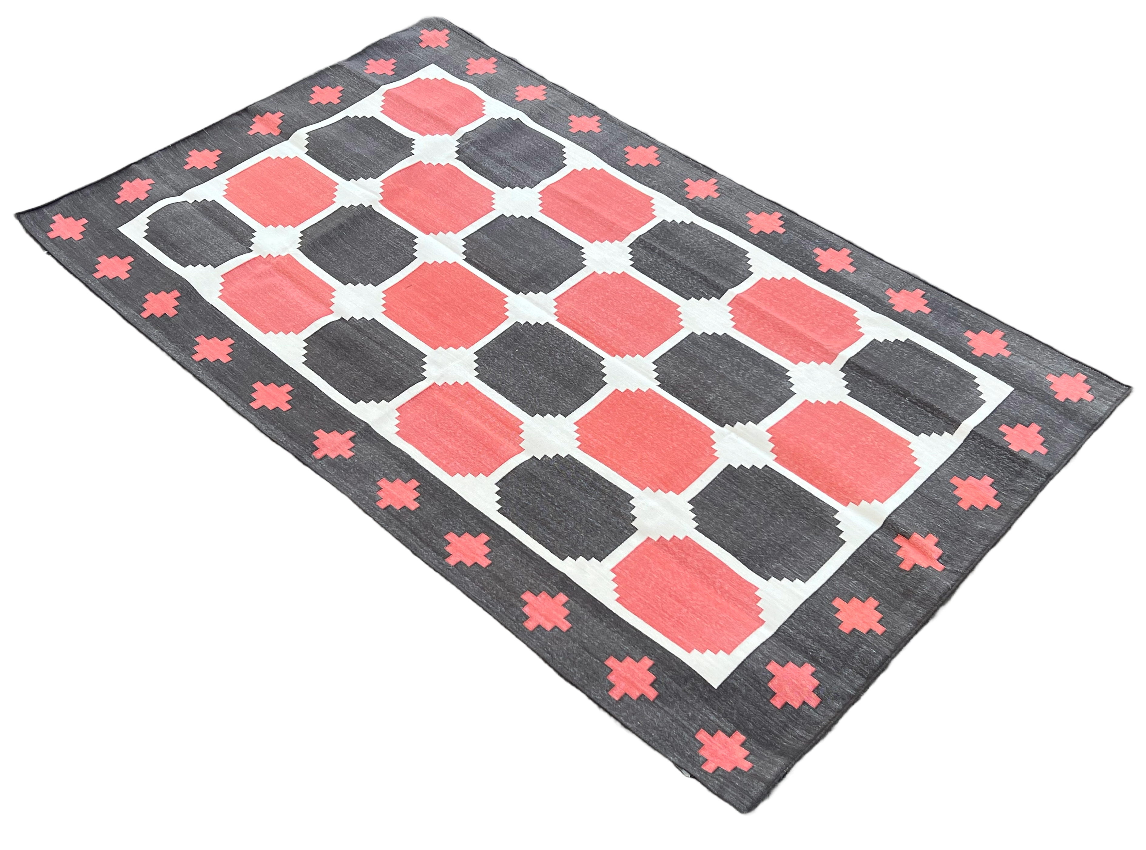 Modern Handmade Cotton Coral And Brown Geometric Tile Star Rug-6535